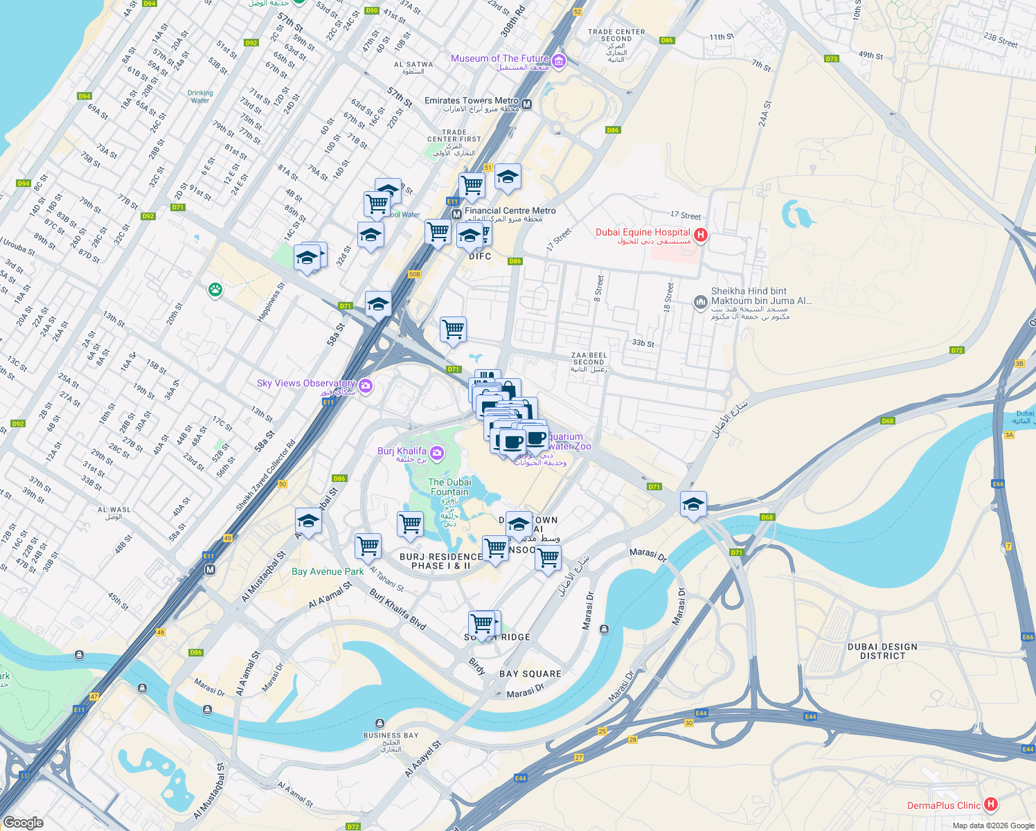 map of restaurants, bars, coffee shops, grocery stores, and more near 6 Grand Parking L1 exit in Dubai