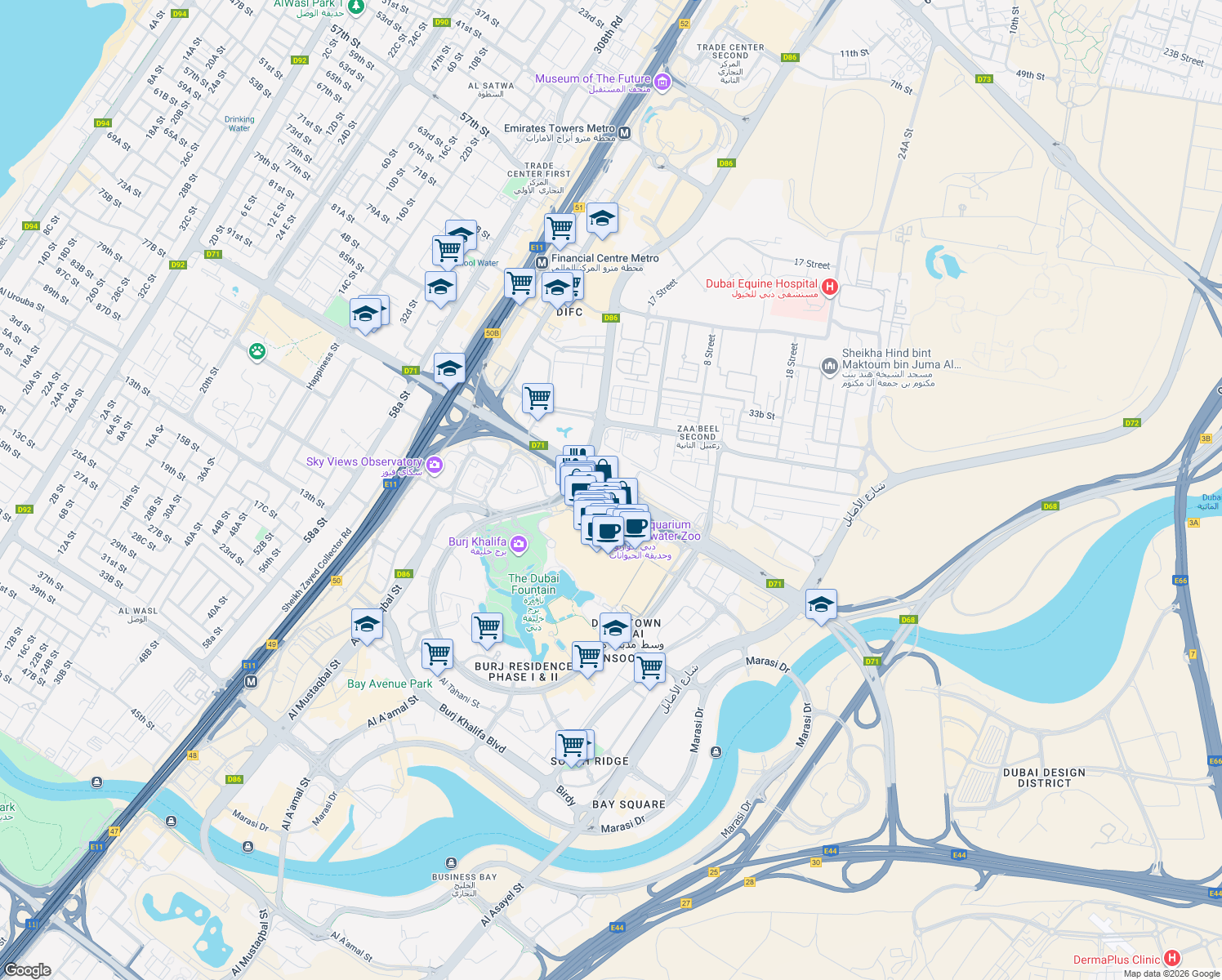 map of restaurants, bars, coffee shops, grocery stores, and more near 6 Grand Parking L1 exit in Dubai