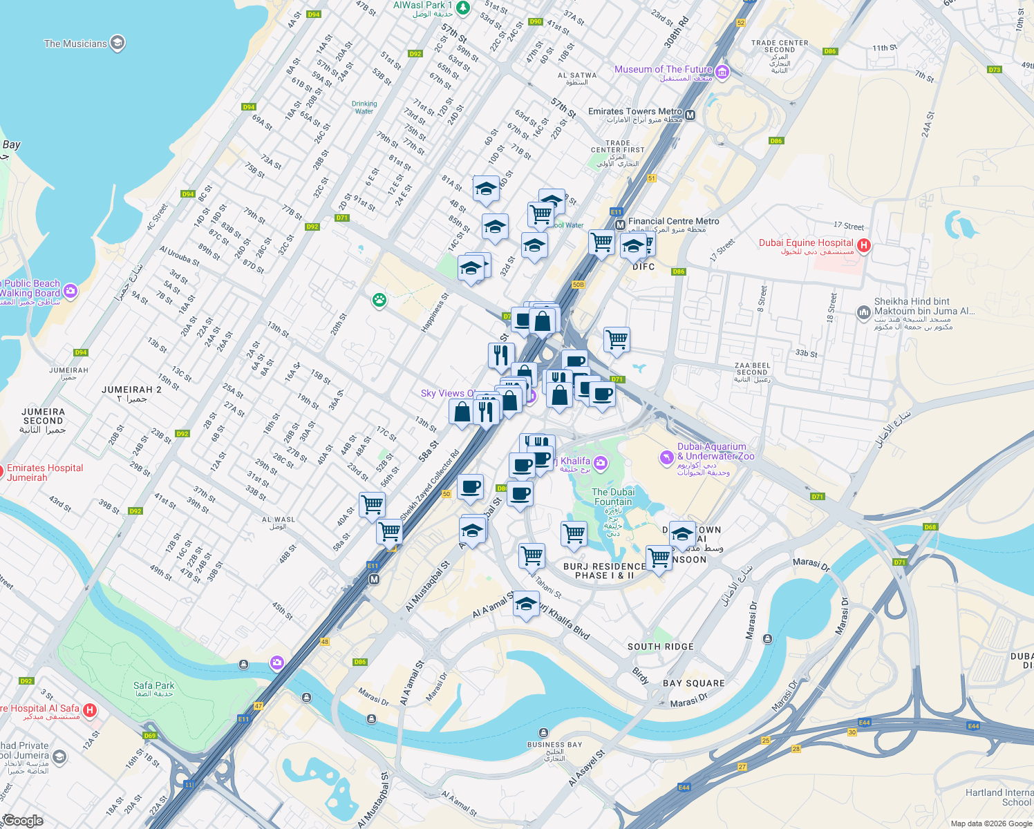 map of restaurants, bars, coffee shops, grocery stores, and more near 148 Sheikh Zayed Road in Dubai