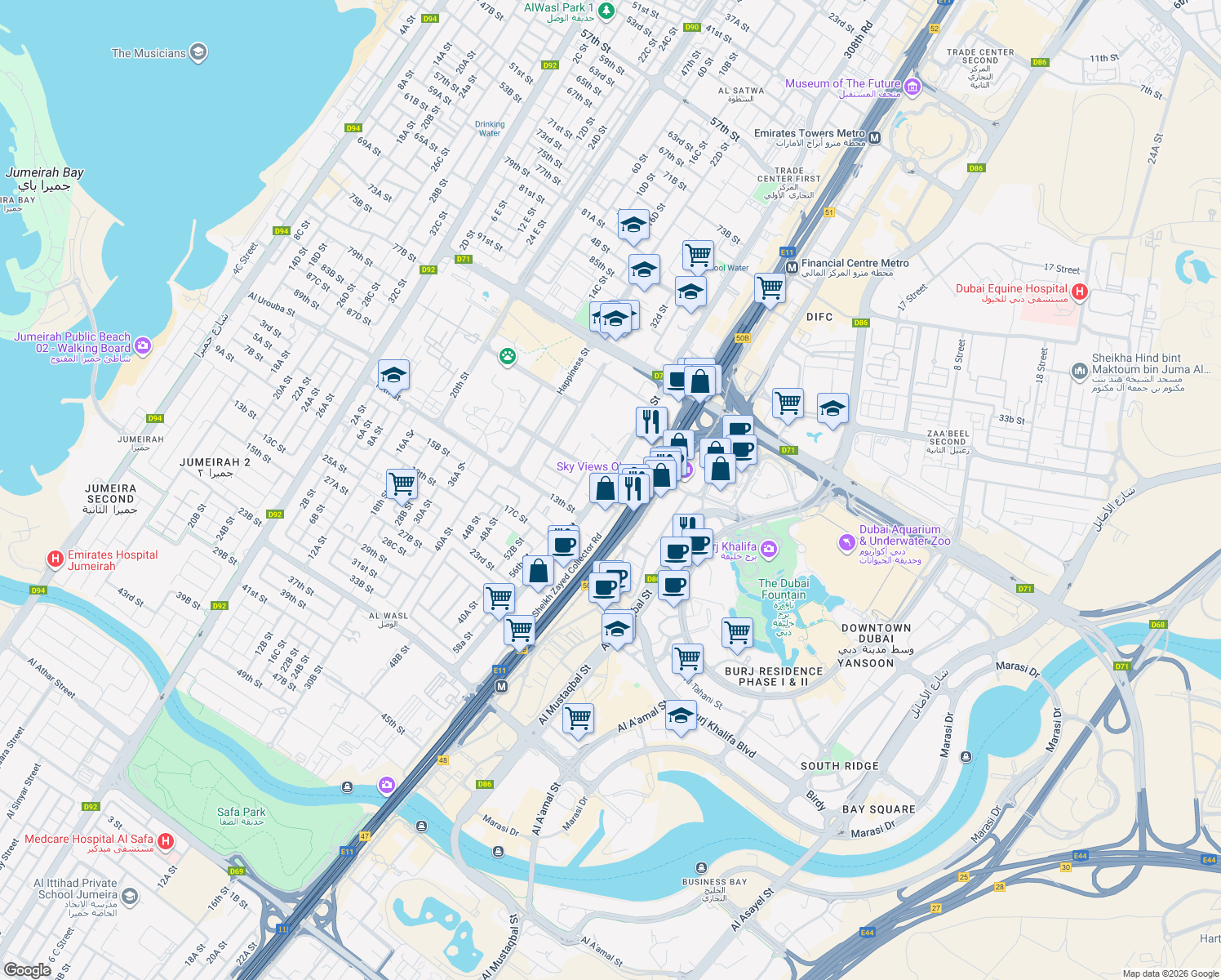 map of restaurants, bars, coffee shops, grocery stores, and more near Sheikh Zayed Road in Dubai