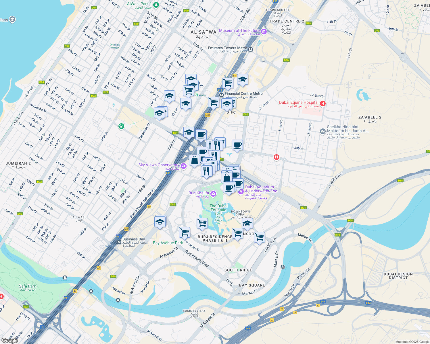 map of restaurants, bars, coffee shops, grocery stores, and more near Sheikh Mohammed bin Rashid Boulevard in Dubai