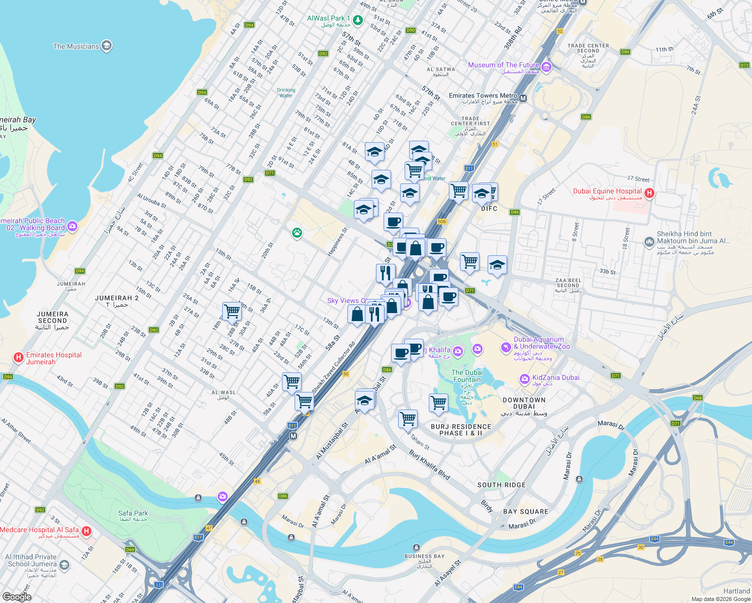 map of restaurants, bars, coffee shops, grocery stores, and more near 148 Sheikh Zayed Road in Dubai