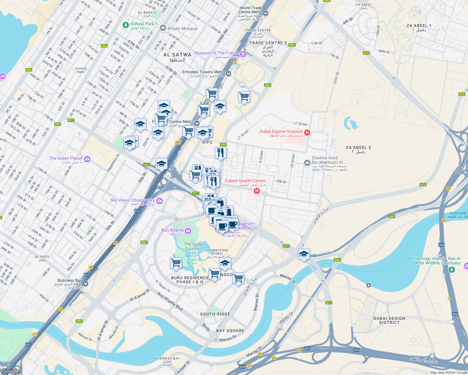 map of restaurants, bars, coffee shops, grocery stores, and more near 10 43 Street in Dubai