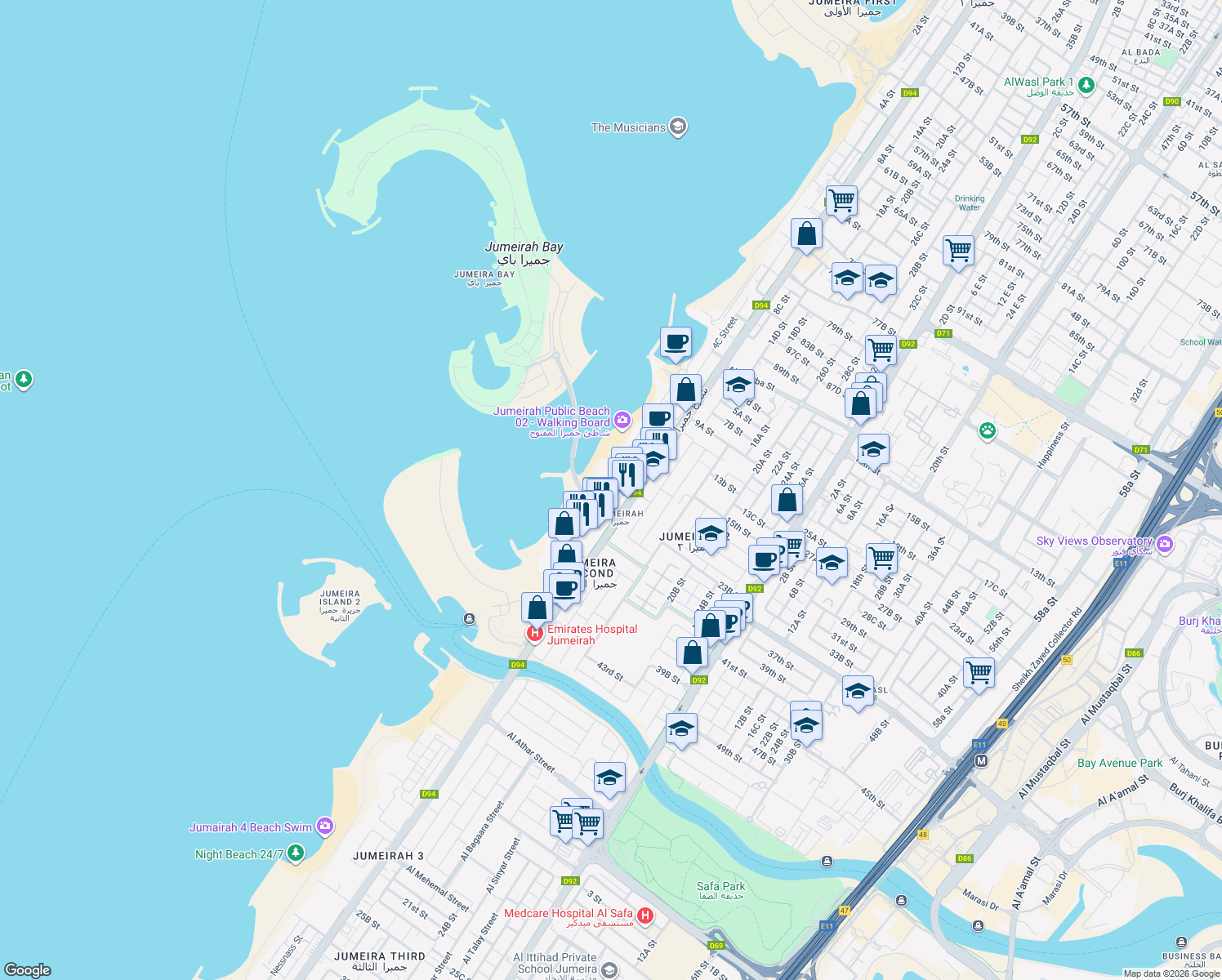map of restaurants, bars, coffee shops, grocery stores, and more near 8th Street in Dubai