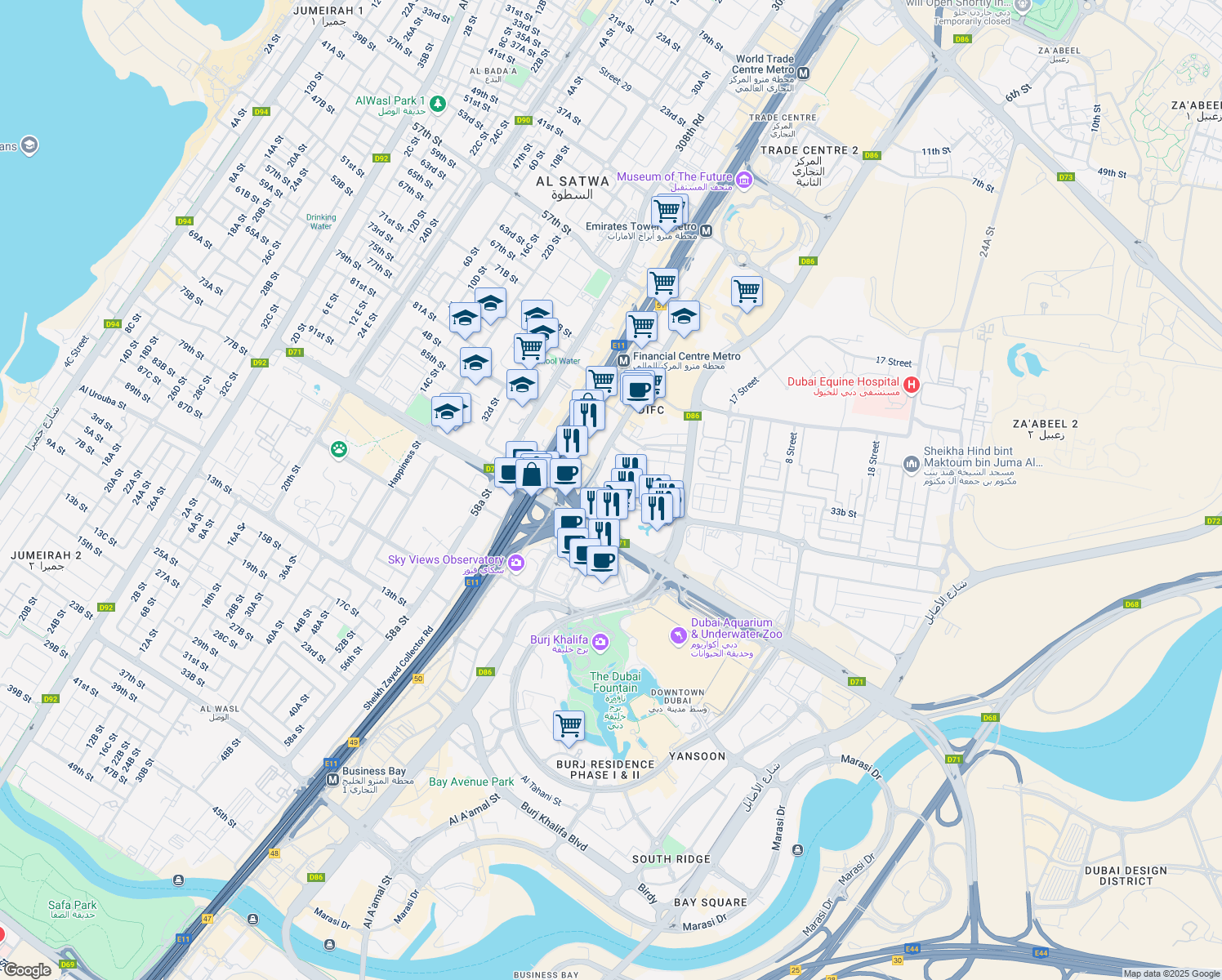 map of restaurants, bars, coffee shops, grocery stores, and more near Omlaat Street in Dubai