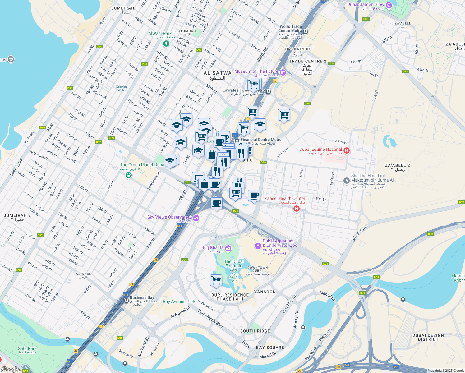 map of restaurants, bars, coffee shops, grocery stores, and more near Omlaat Street in Dubai