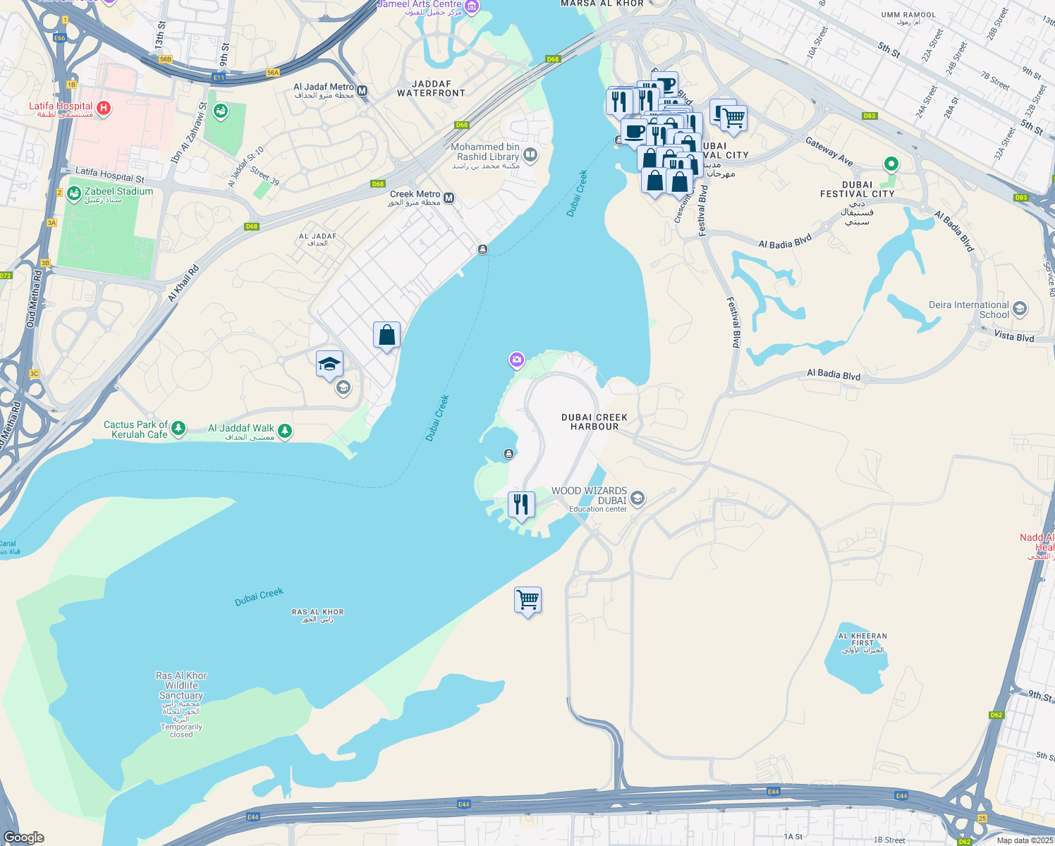 map of restaurants, bars, coffee shops, grocery stores, and more near Unnamed Road in Dubai