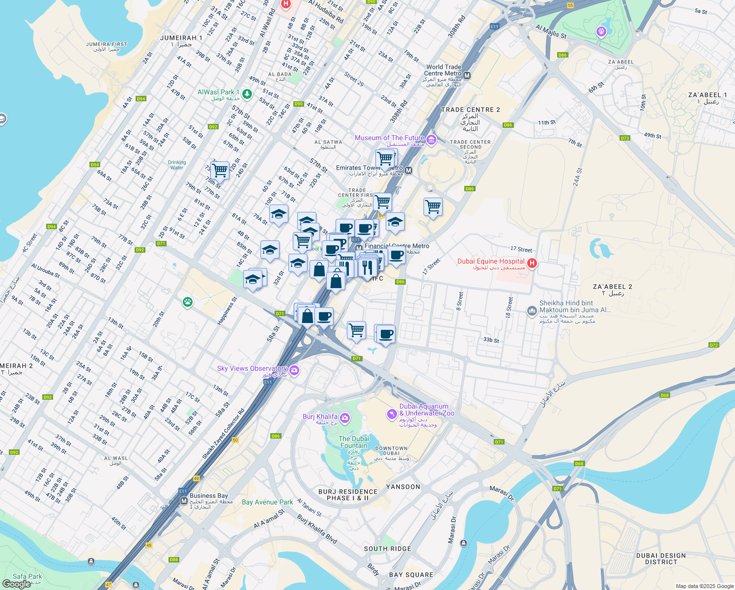 map of restaurants, bars, coffee shops, grocery stores, and more near 1 Al Mustaqbal Street in Dubai