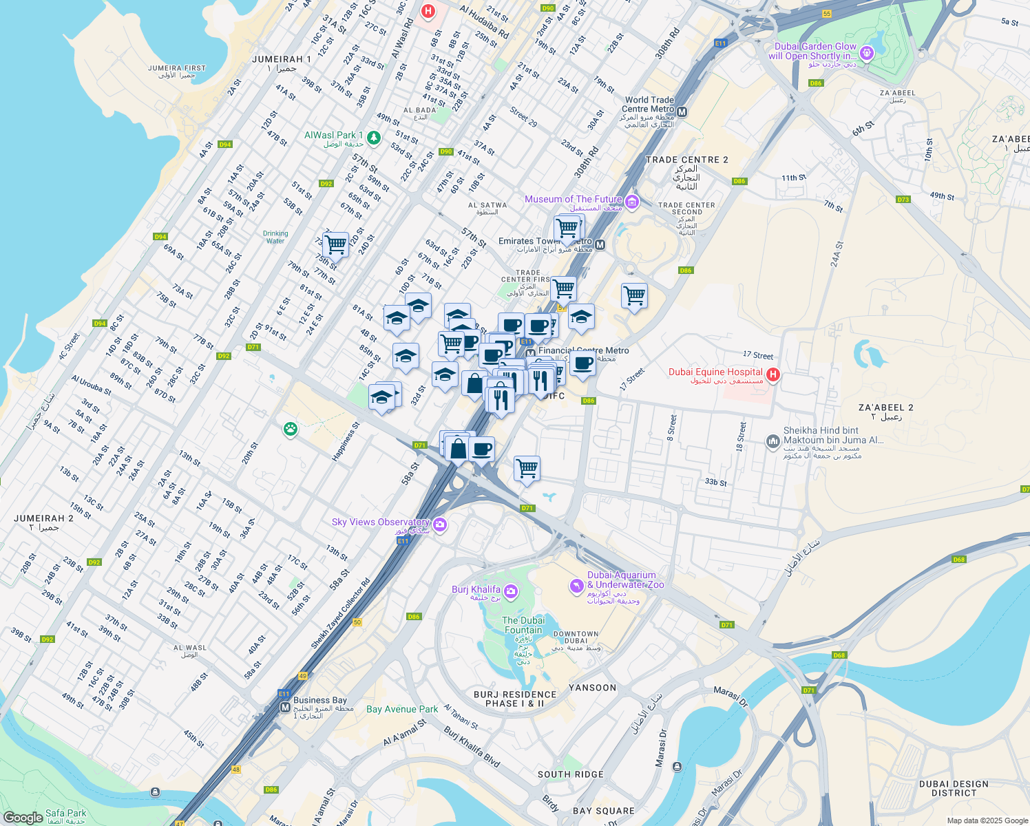 map of restaurants, bars, coffee shops, grocery stores, and more near 127 Sheikh Zayed Road in Dubai