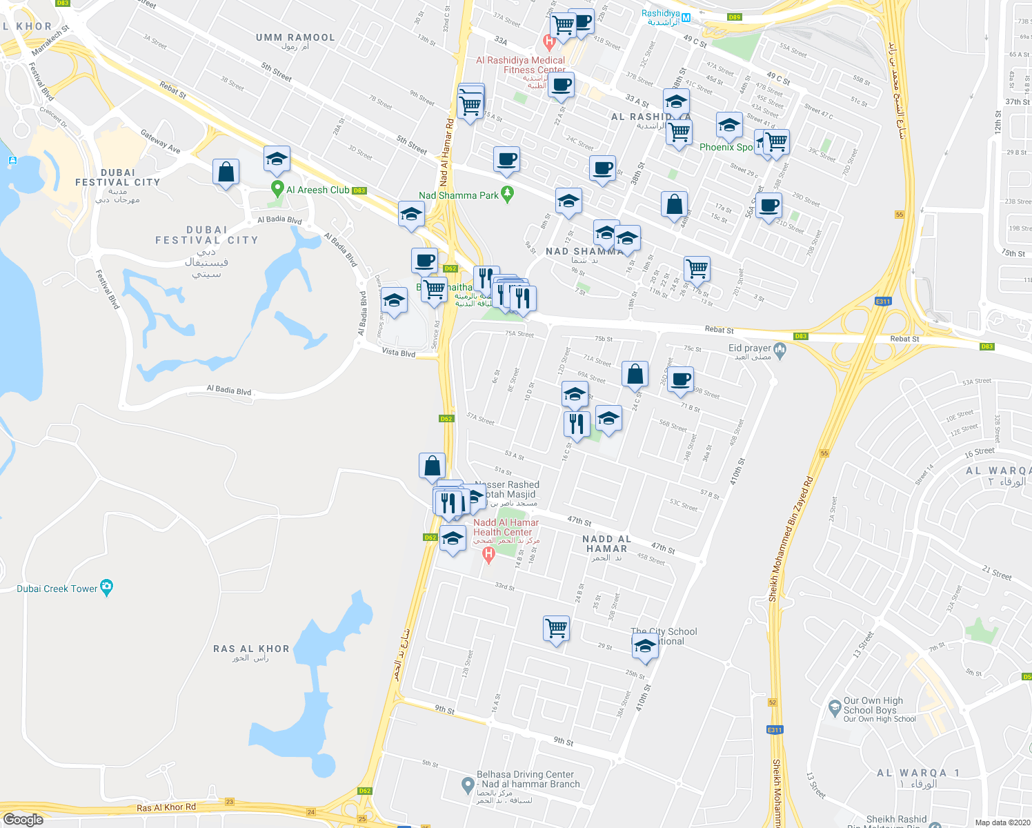 map of restaurants, bars, coffee shops, grocery stores, and more near 61 10 D Street in Dubai
