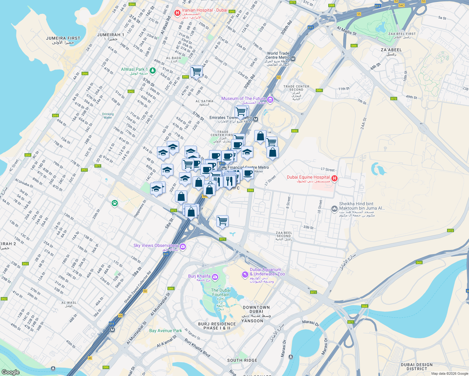 map of restaurants, bars, coffee shops, grocery stores, and more near Trade Center St in Dubai