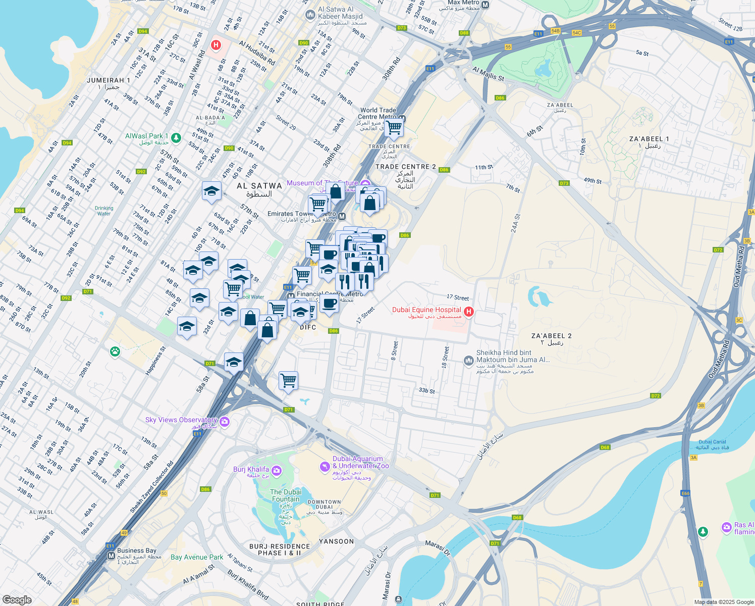 map of restaurants, bars, coffee shops, grocery stores, and more near Al Mustaqbal Street in Dubai
