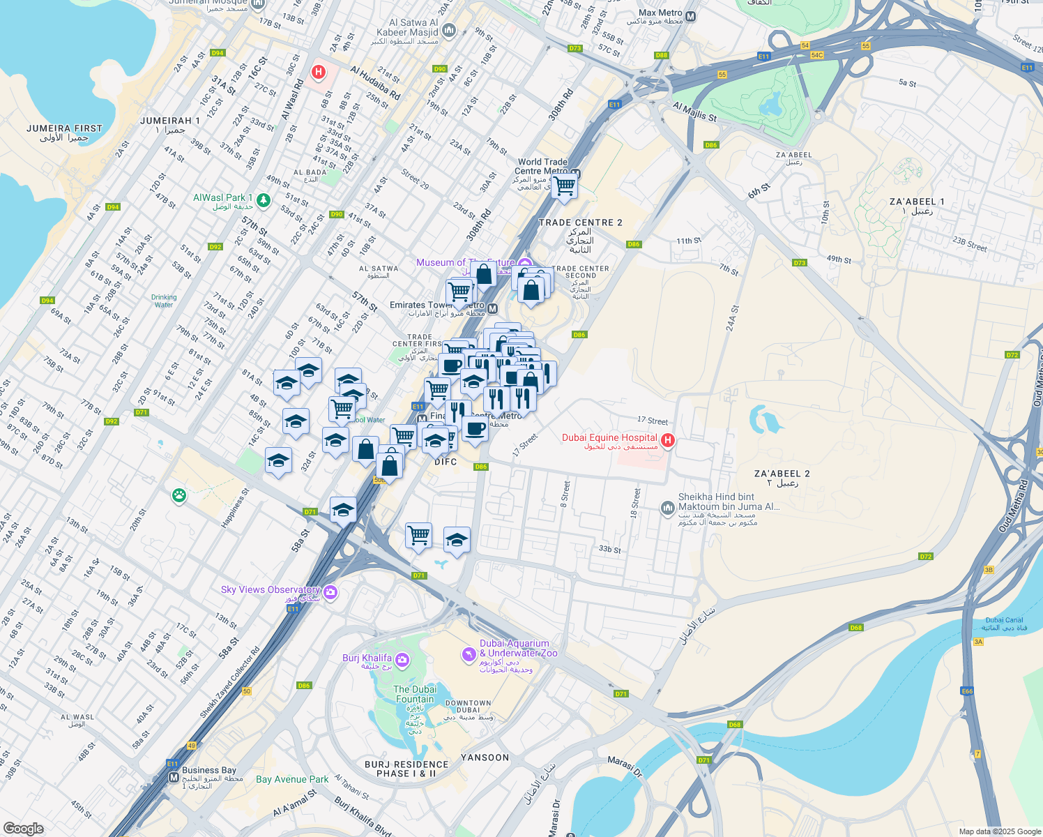 map of restaurants, bars, coffee shops, grocery stores, and more near 312 Al Mustaqbal Street in Dubai