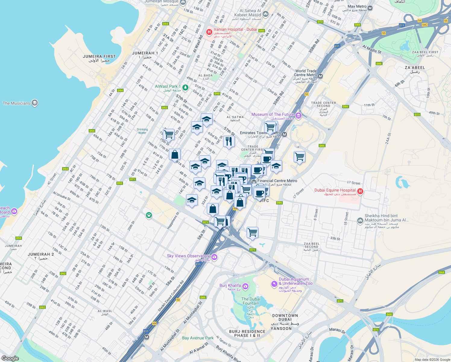 map of restaurants, bars, coffee shops, grocery stores, and more near 15 34 B Street in Dubai