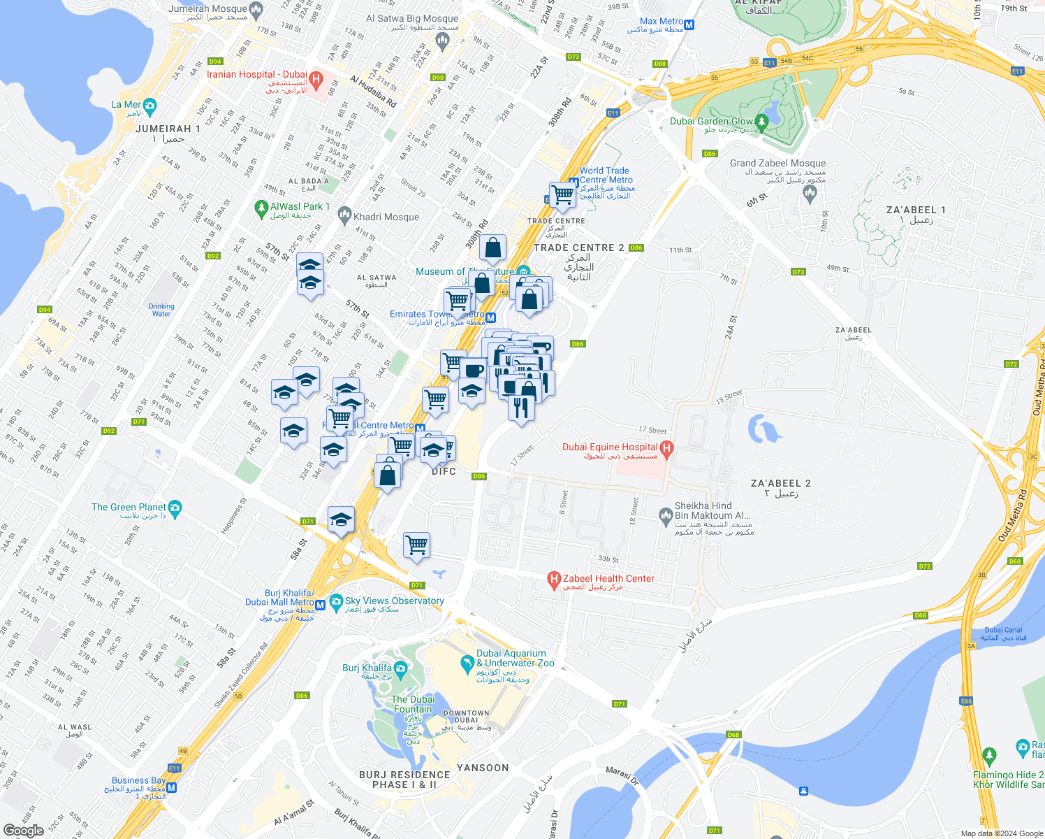 map of restaurants, bars, coffee shops, grocery stores, and more near 312 Al Sa'ada Street in Dubai