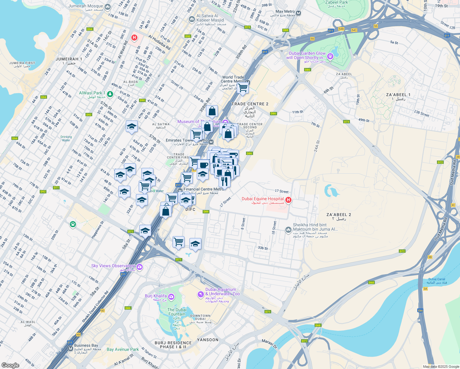 map of restaurants, bars, coffee shops, grocery stores, and more near 1 Al Mustaqbal Street in Dubai
