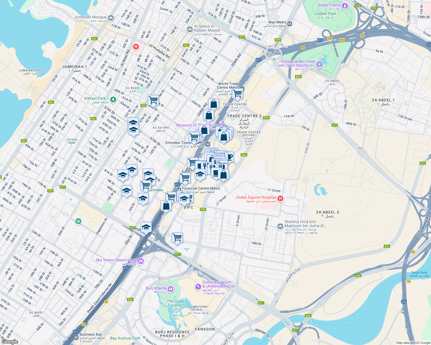 map of restaurants, bars, coffee shops, grocery stores, and more near in Dubai