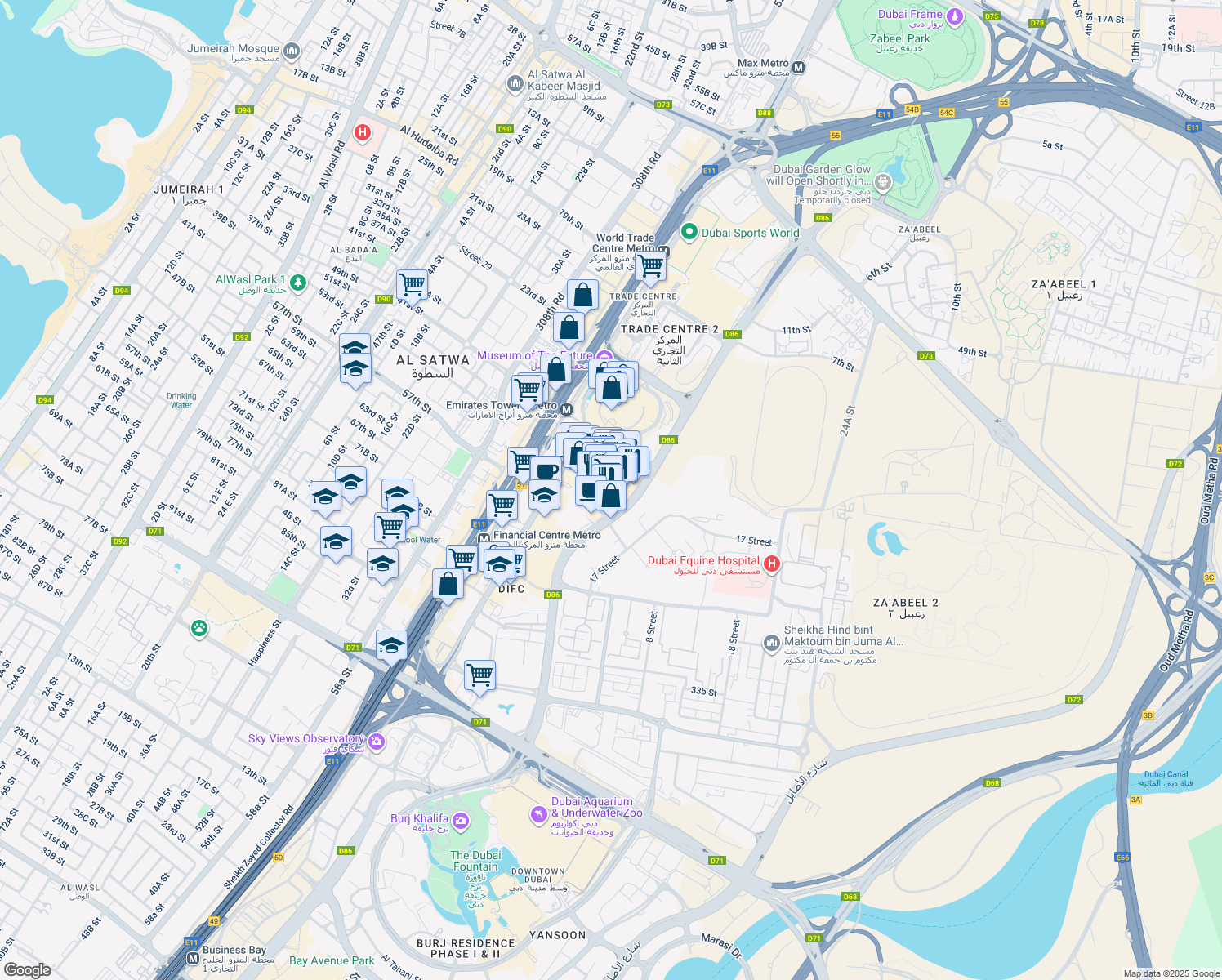map of restaurants, bars, coffee shops, grocery stores, and more near in Dubai