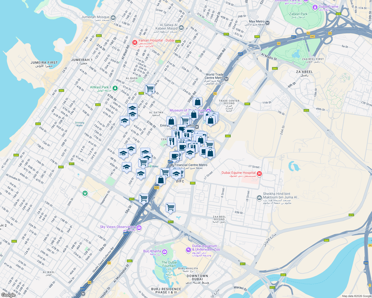 map of restaurants, bars, coffee shops, grocery stores, and more near 91 Sheikh Zayed Road in Dubai