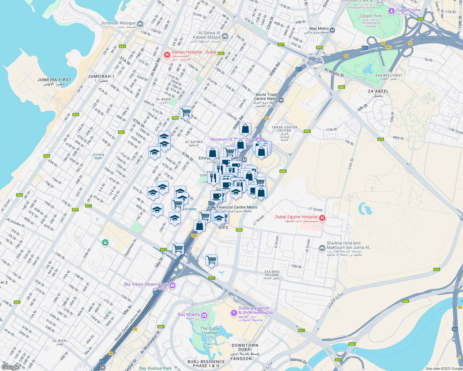 map of restaurants, bars, coffee shops, grocery stores, and more near 91 Sheikh Zayed Road in Dubai