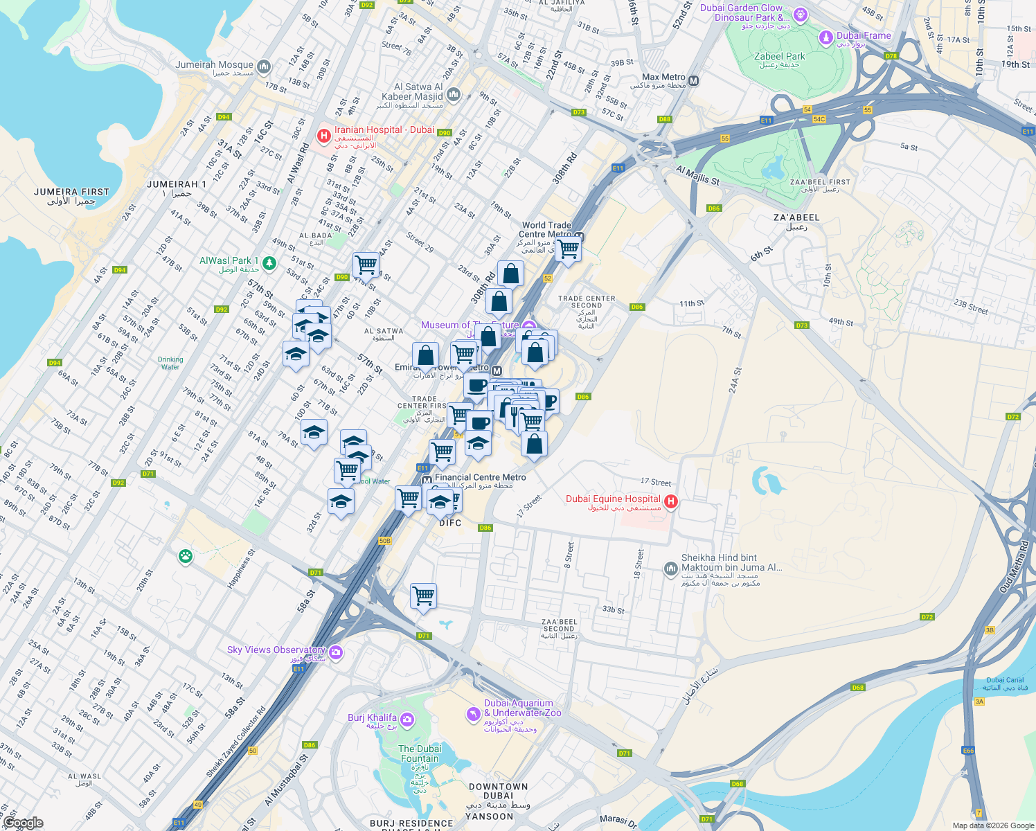 map of restaurants, bars, coffee shops, grocery stores, and more near in Dubai