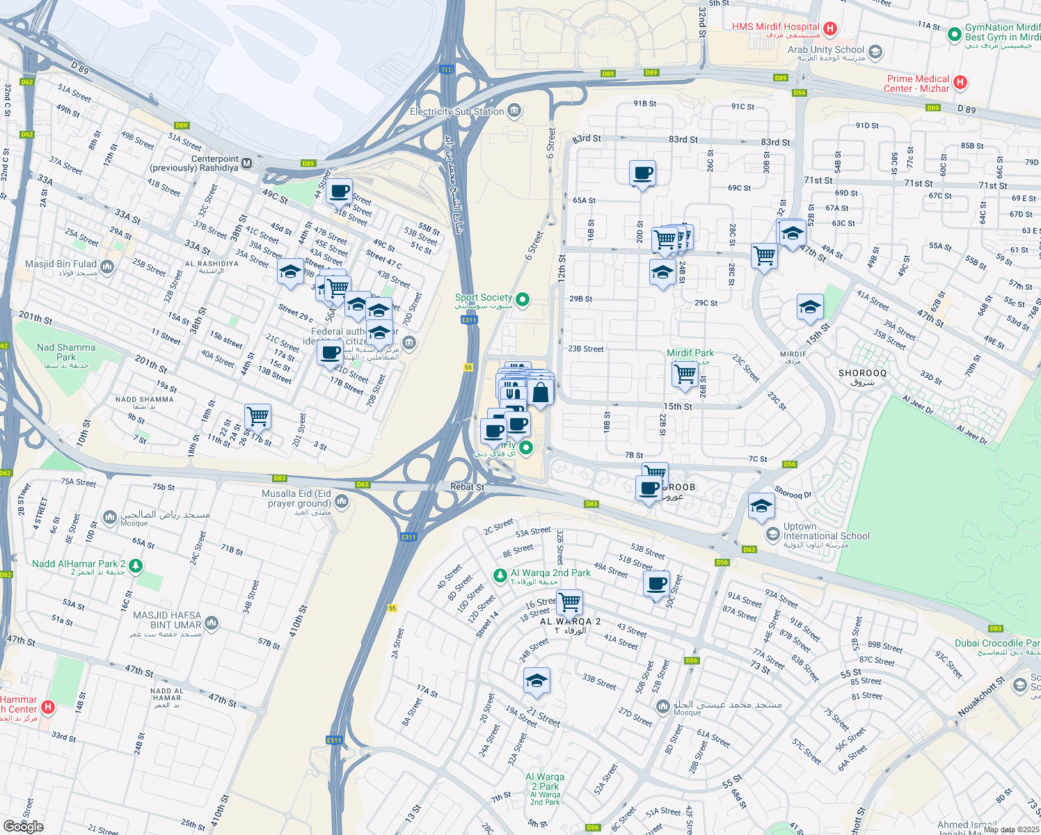 map of restaurants, bars, coffee shops, grocery stores, and more near Sheikh Mohammed Bin Zayed Road in Dubai