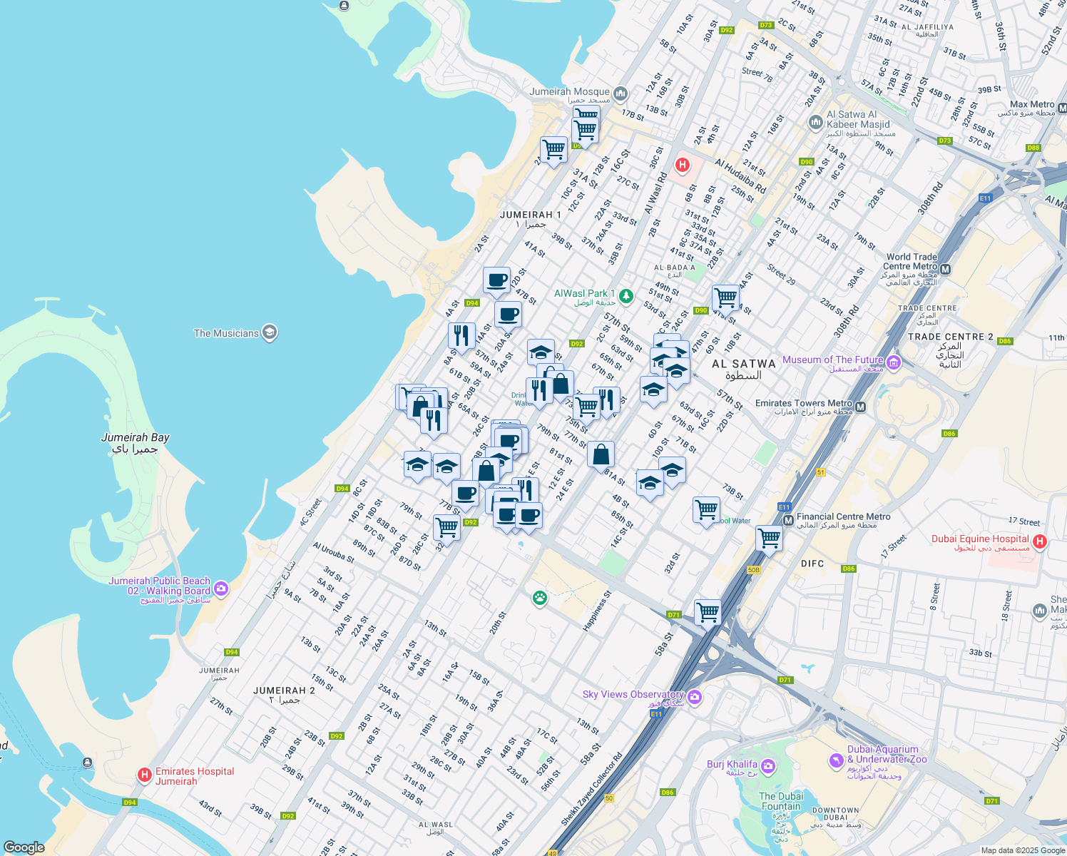 map of restaurants, bars, coffee shops, grocery stores, and more near 2 Al Wasl Road in Dubai