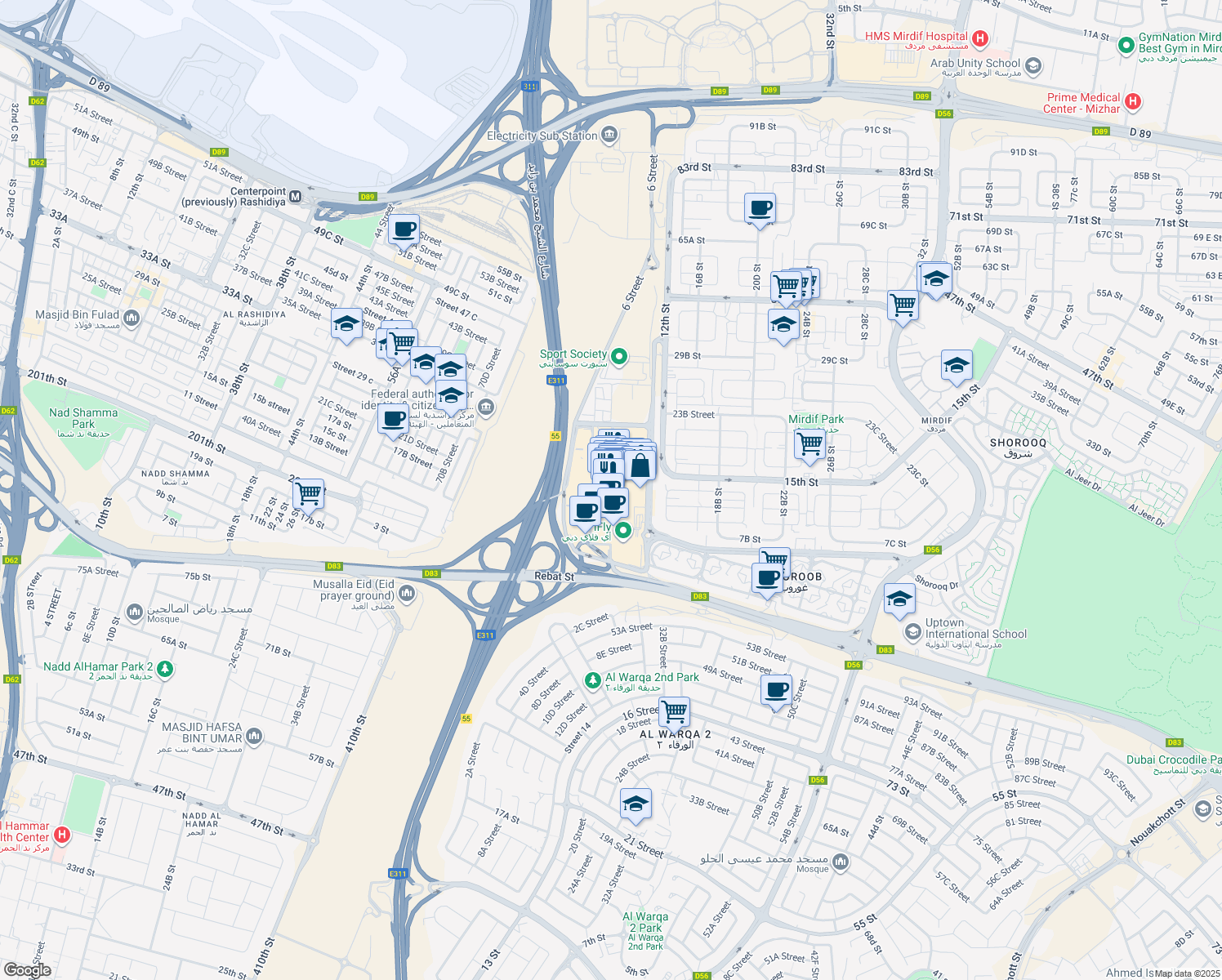 map of restaurants, bars, coffee shops, grocery stores, and more near Sheikh Mohammed Bin Zayed Road in Dubai