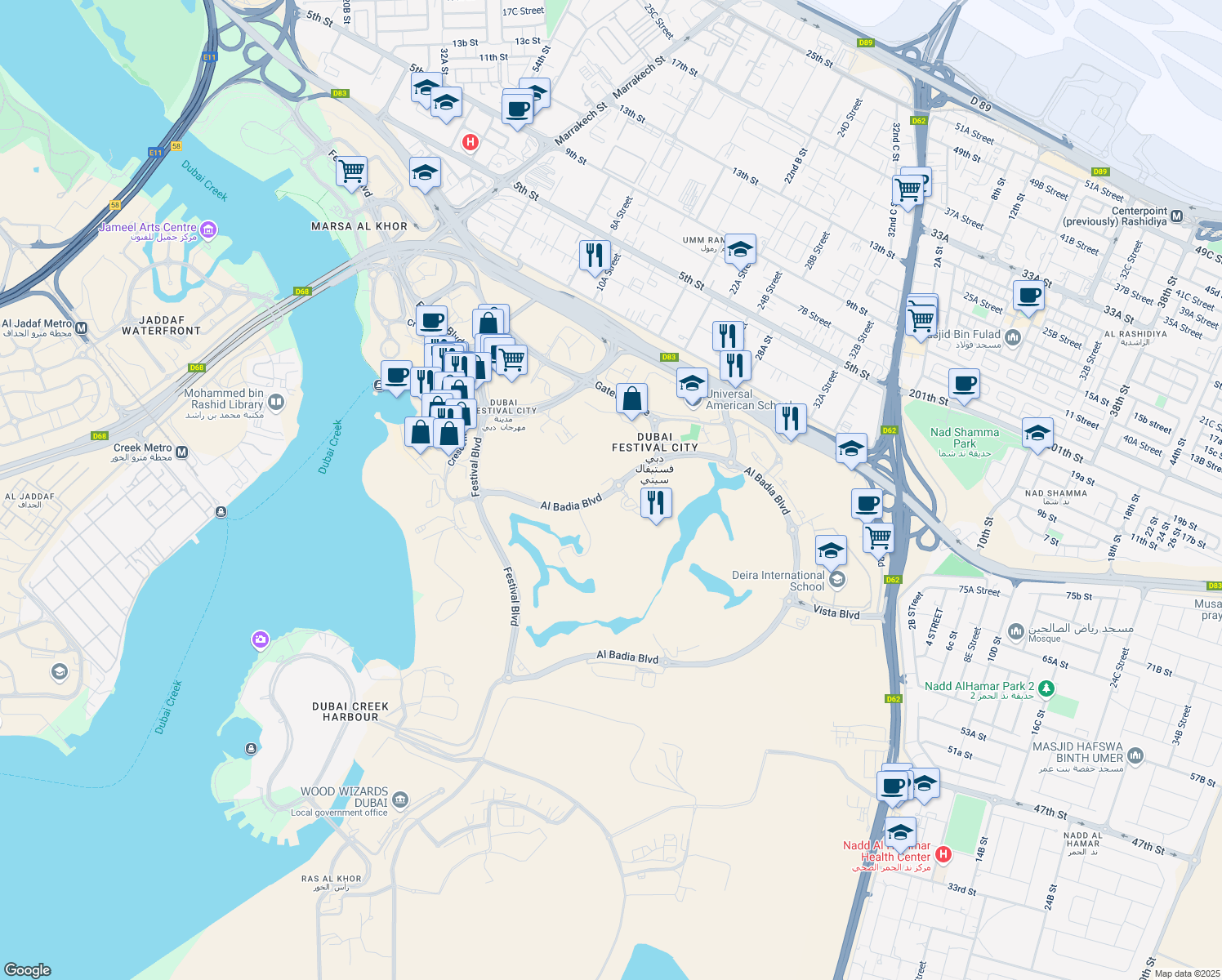 map of restaurants, bars, coffee shops, grocery stores, and more near Al Badia Boulevard in Dubai