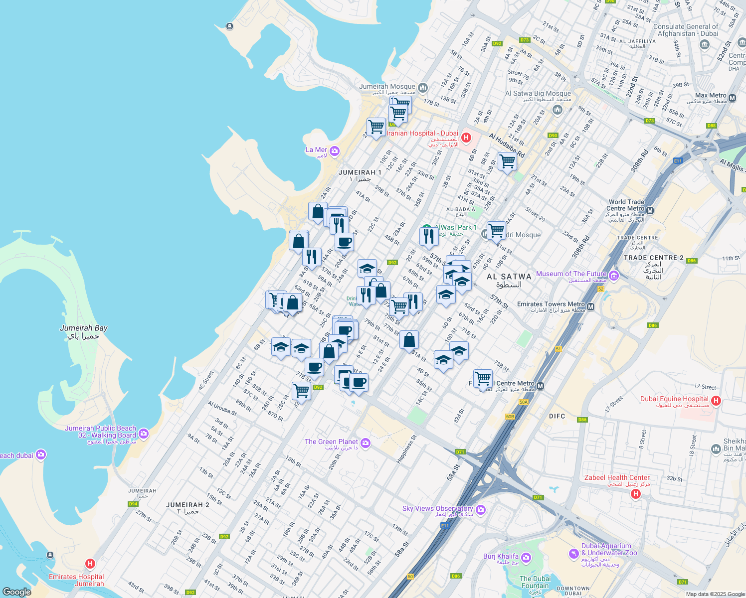 map of restaurants, bars, coffee shops, grocery stores, and more near 2 Al Wasl Road in Dubai