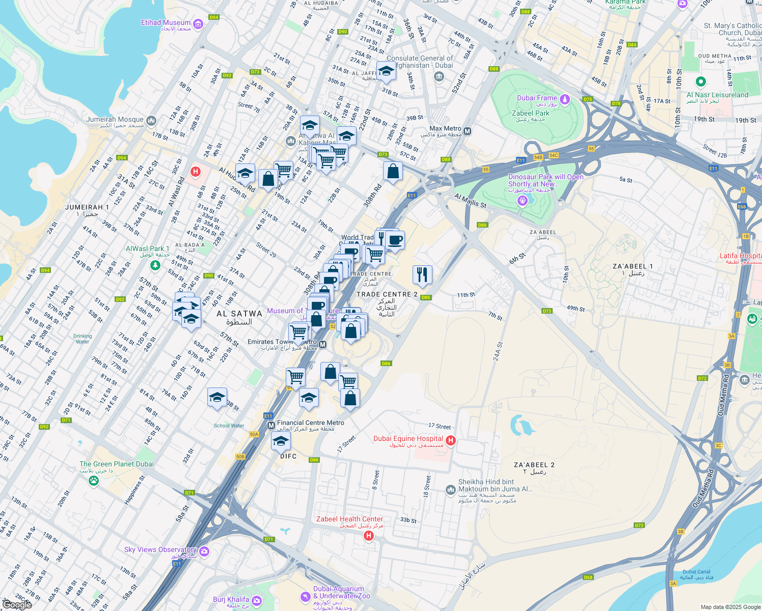 map of restaurants, bars, coffee shops, grocery stores, and more near in دبي