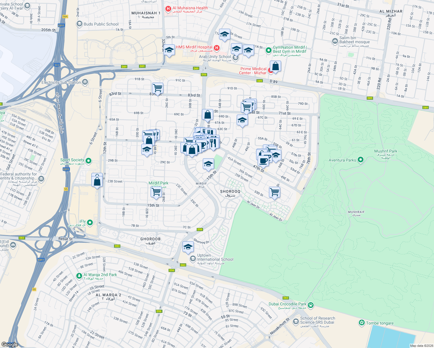 map of restaurants, bars, coffee shops, grocery stores, and more near Al Jeer Drive in Dubai