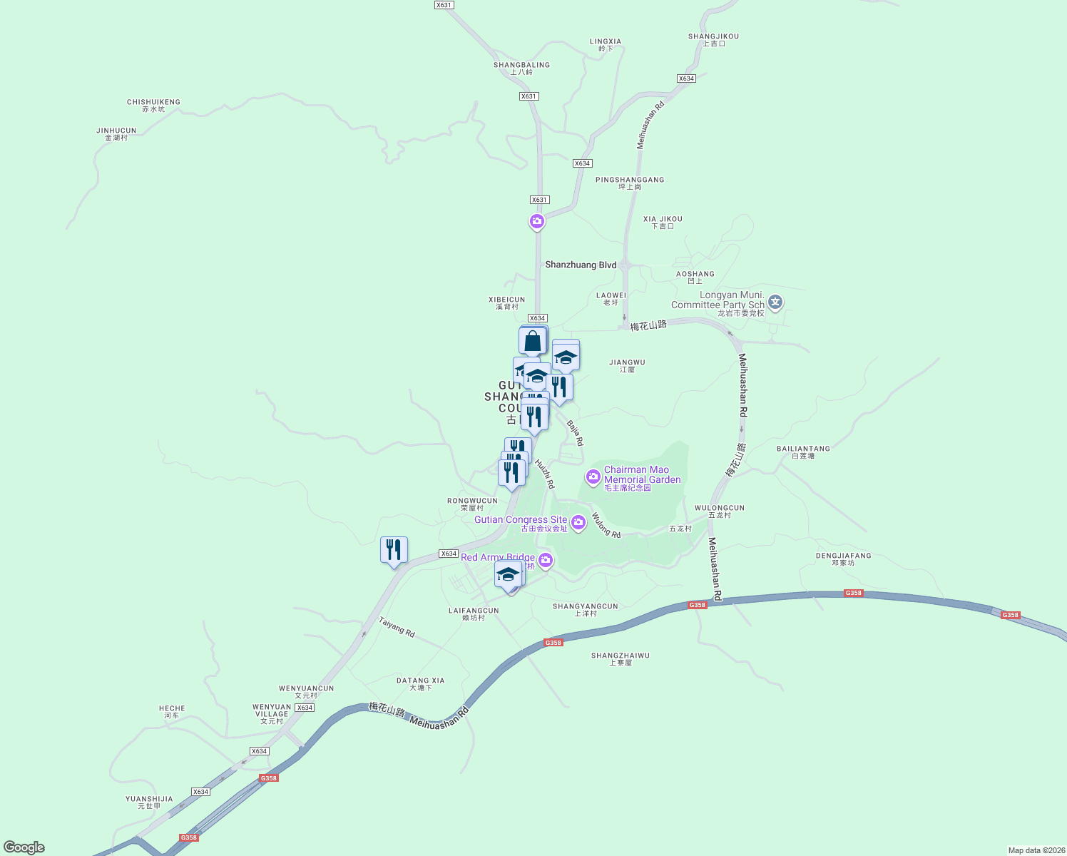 map of restaurants, bars, coffee shops, grocery stores, and more near 115-1 Gu Tian Lu in Long Yan Shi