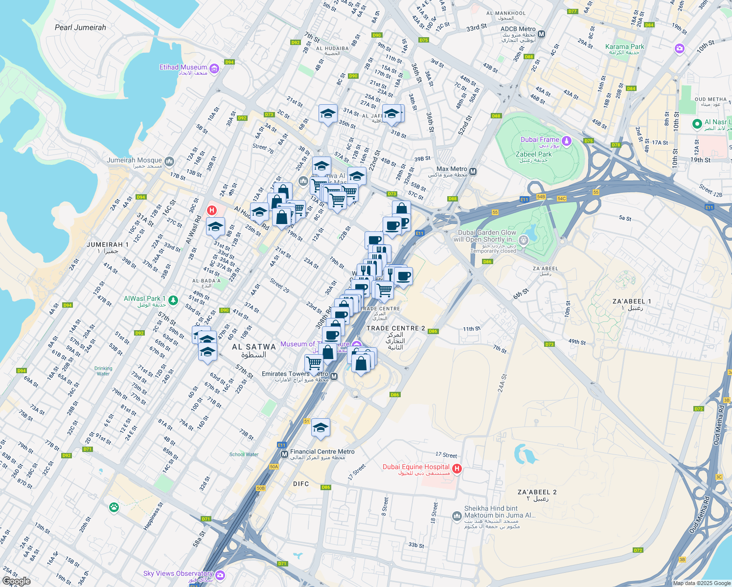 map of restaurants, bars, coffee shops, grocery stores, and more near Sheikh Zayed Road in Dubai