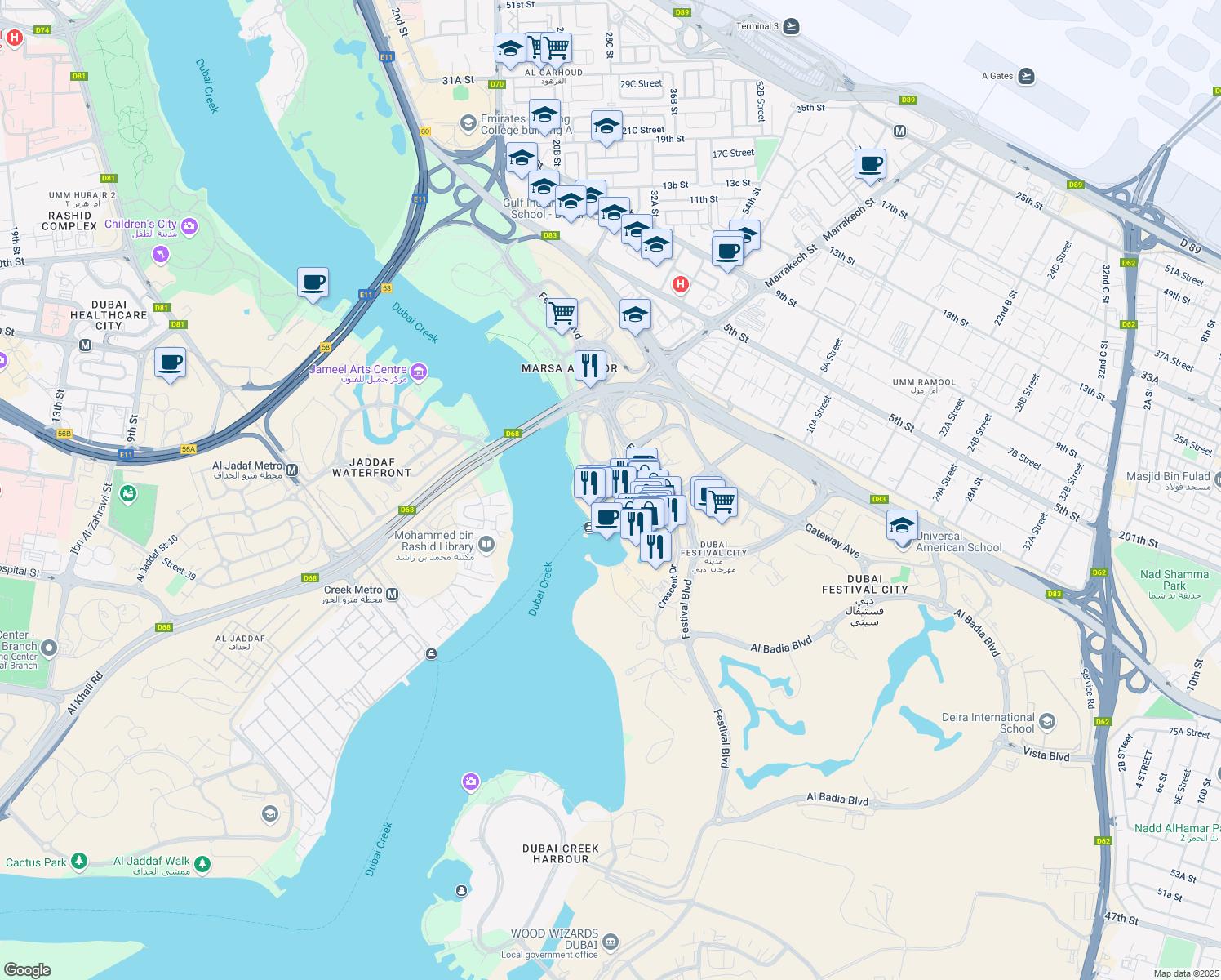 map of restaurants, bars, coffee shops, grocery stores, and more near Al Badia Boulevard in Dubai
