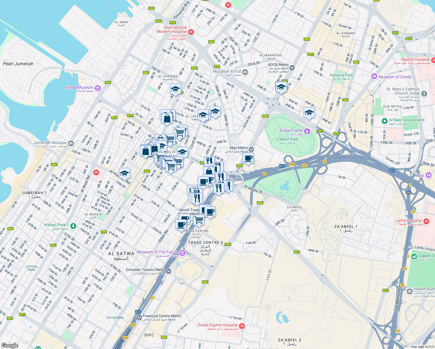 map of restaurants, bars, coffee shops, grocery stores, and more near 1 Sheikh Zayed Road in Dubai