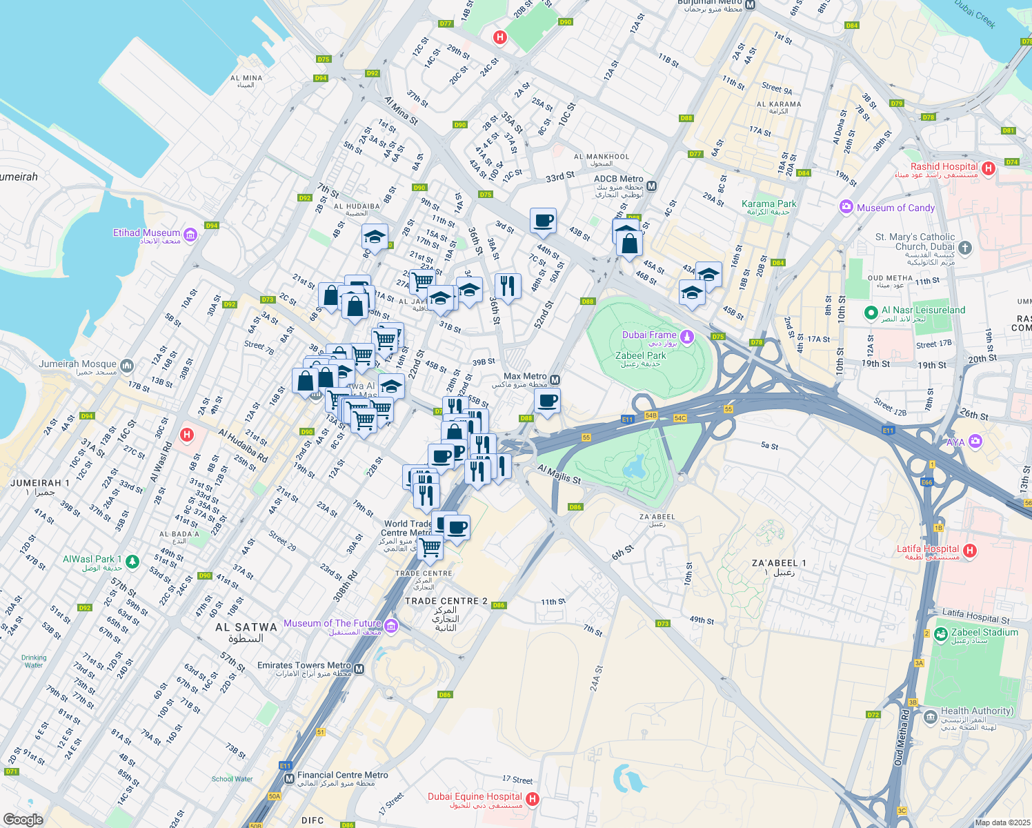 map of restaurants, bars, coffee shops, grocery stores, and more near Sheikh Khalifa Bin Zayed Street in Dubai