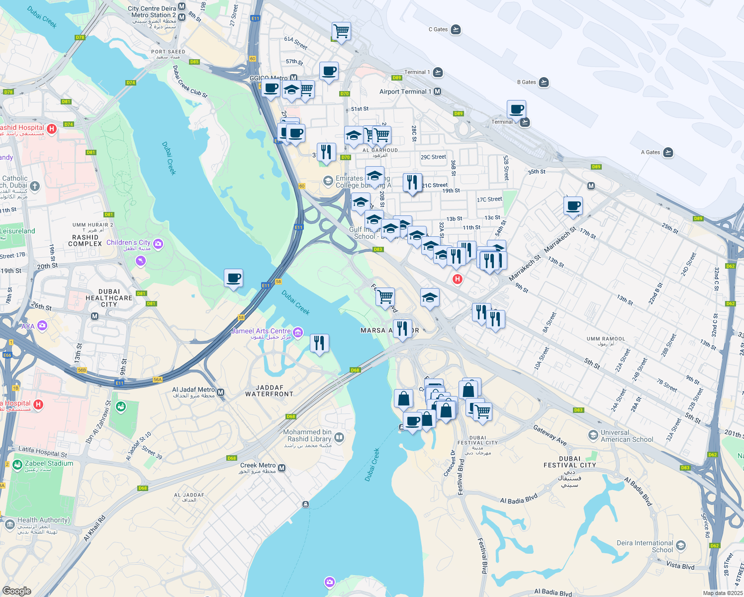 map of restaurants, bars, coffee shops, grocery stores, and more near Festival Boulevard in Dubai
