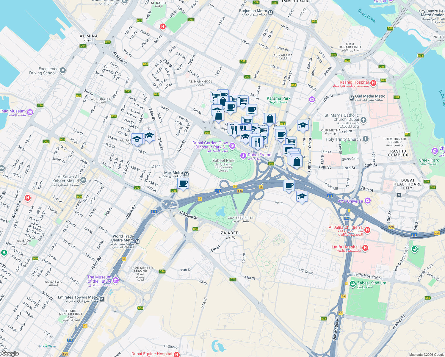 map of restaurants, bars, coffee shops, grocery stores, and more near Zabeel Park Jogging Track in Dubai
