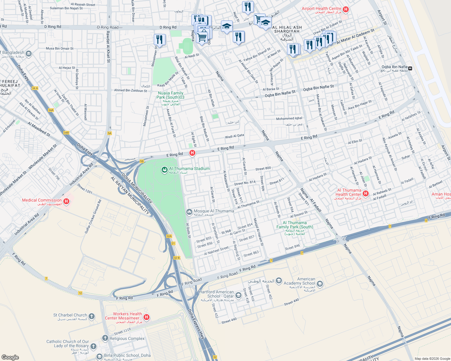 map of restaurants, bars, coffee shops, grocery stores, and more near Al Madeena Street in Doha