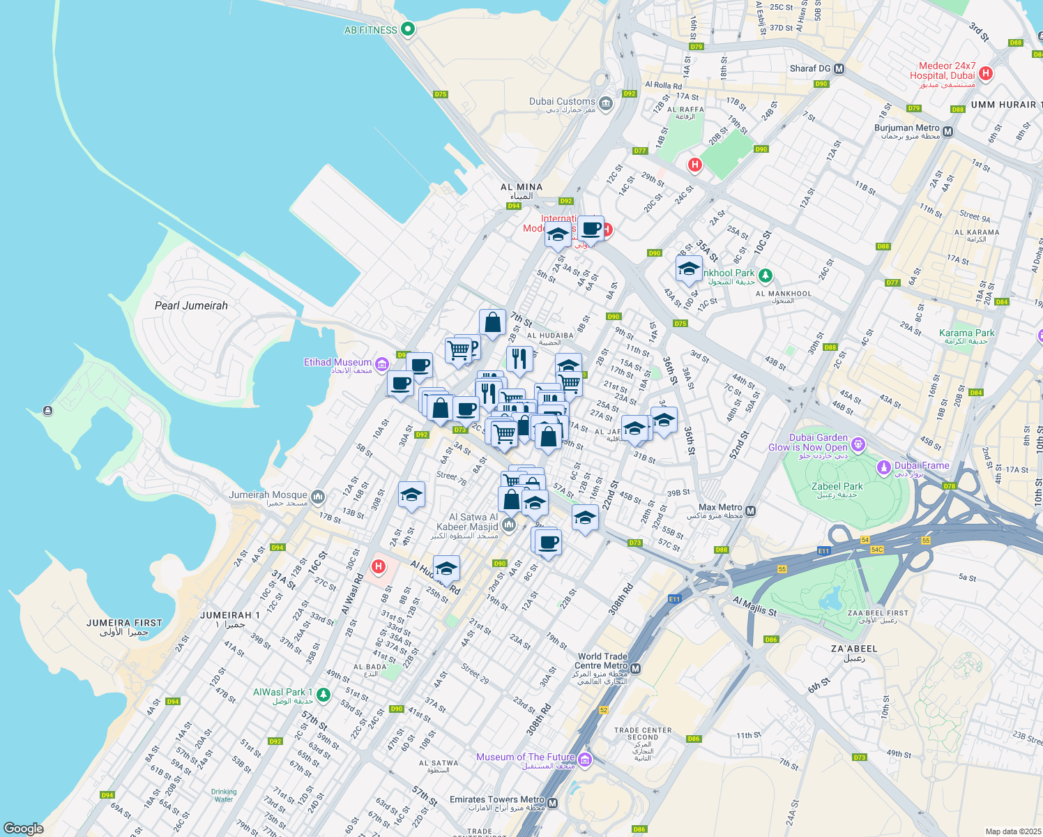 map of restaurants, bars, coffee shops, grocery stores, and more near 36 6B Street in Dubai