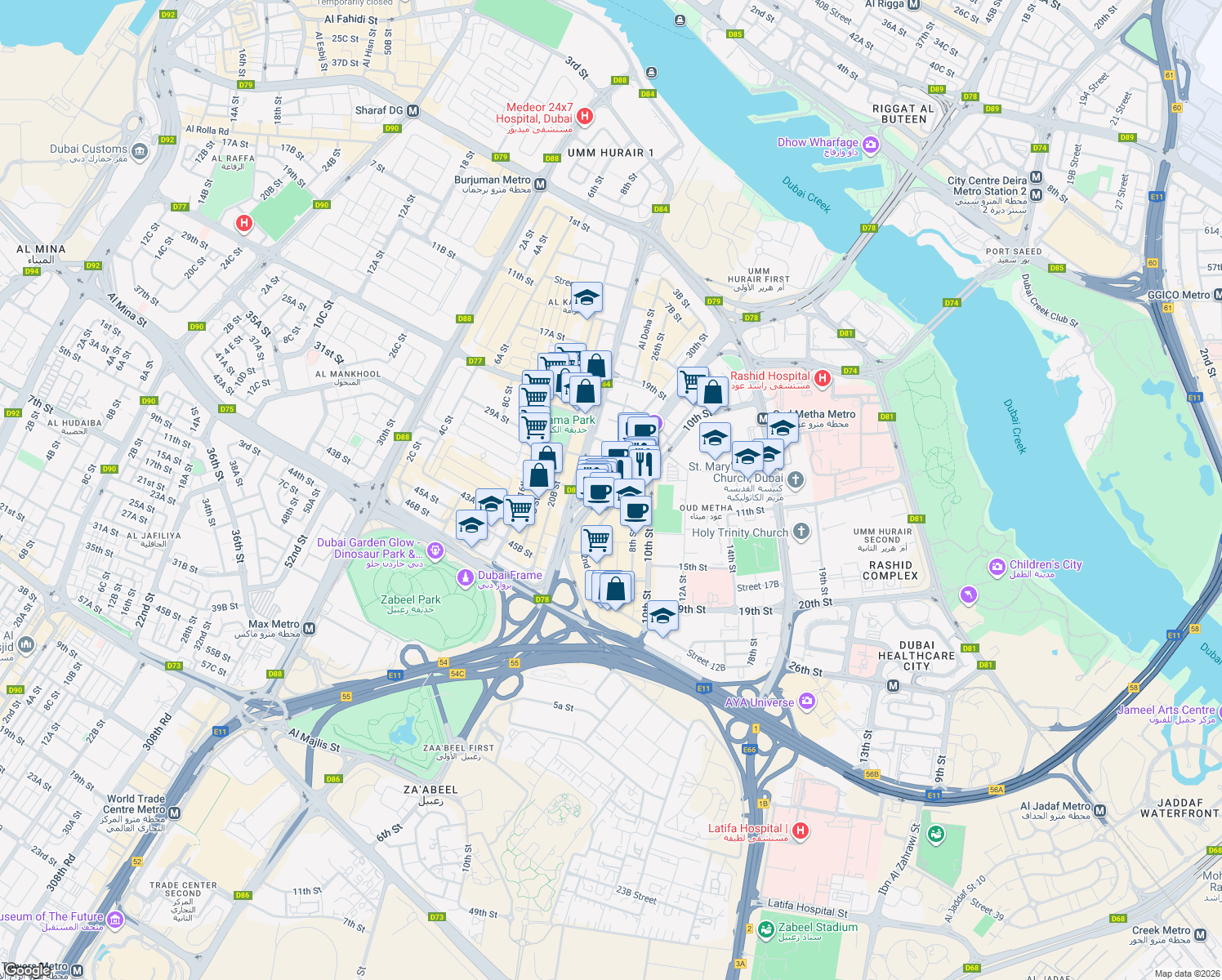 map of restaurants, bars, coffee shops, grocery stores, and more near 71 Umm Hurair Road in Dubai