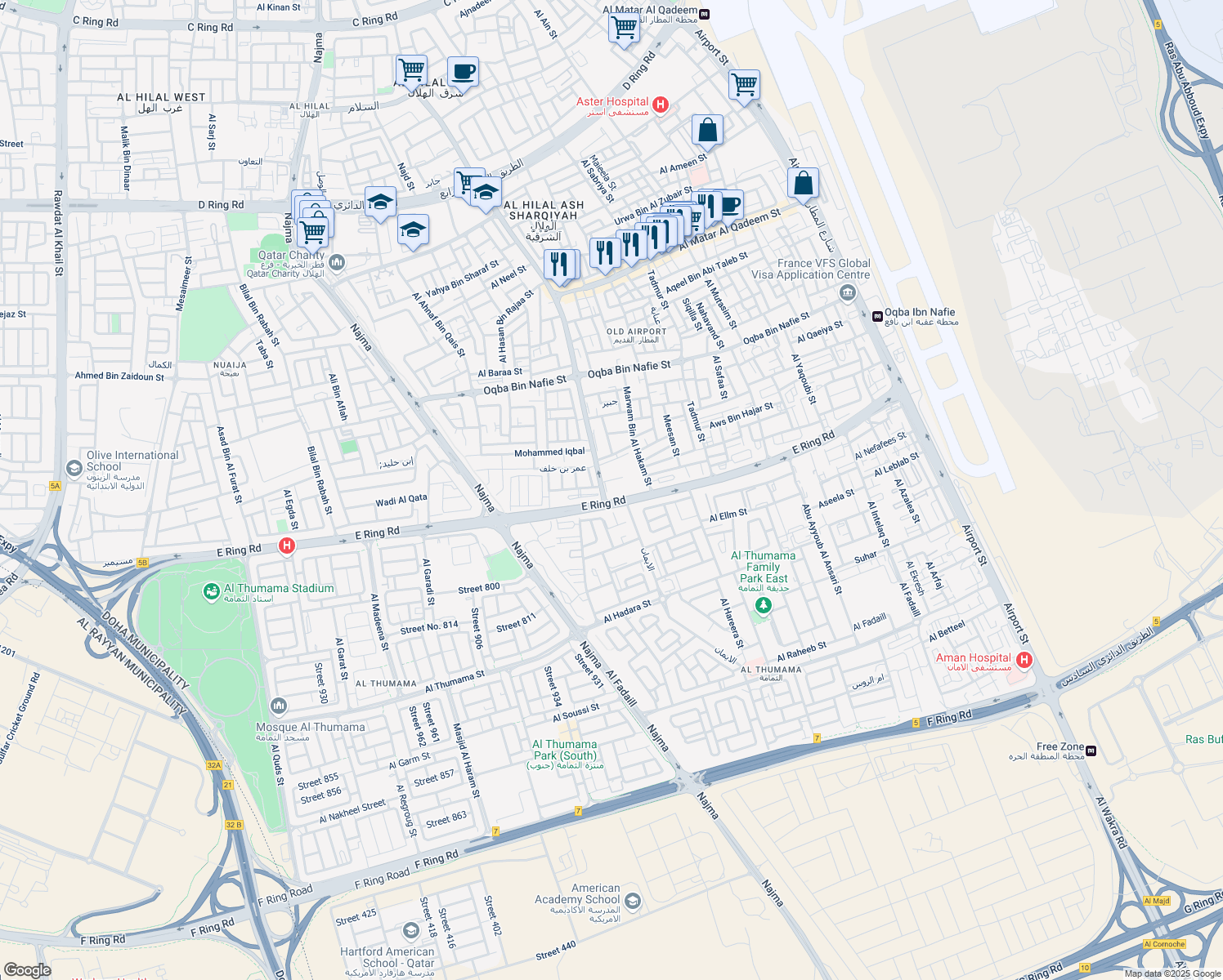 map of restaurants, bars, coffee shops, grocery stores, and more near in Doha