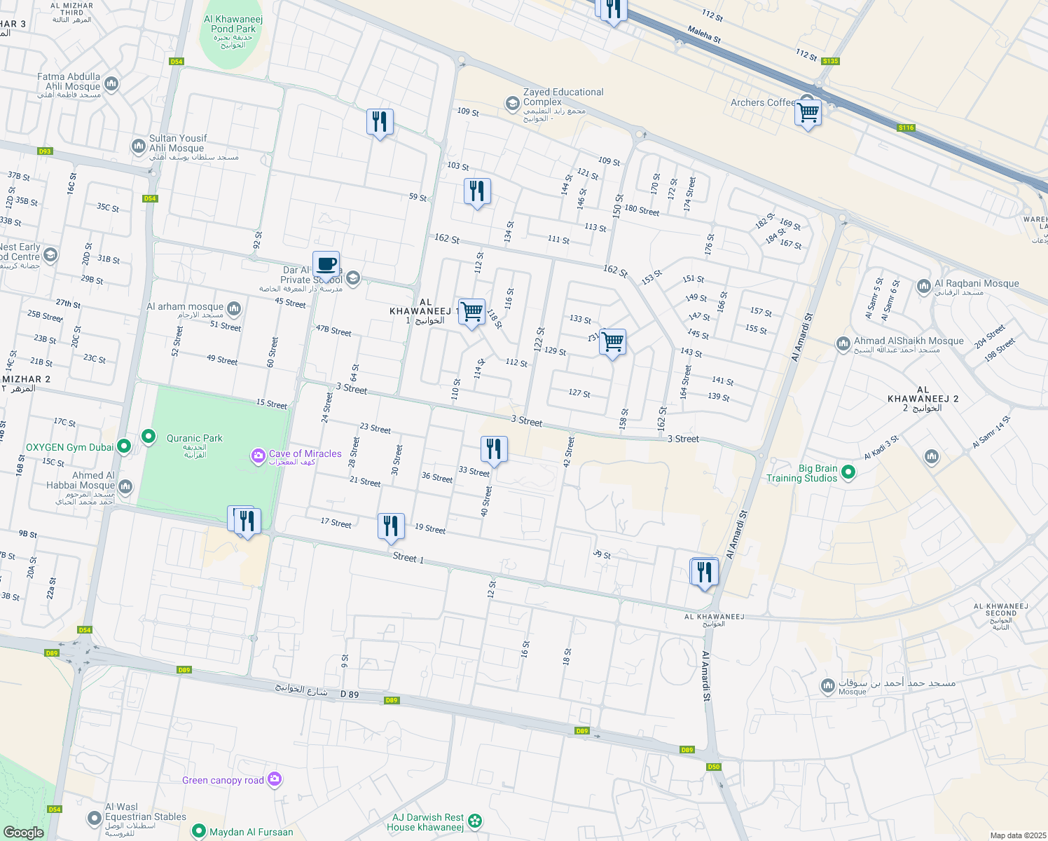 map of restaurants, bars, coffee shops, grocery stores, and more near 3 Street in Dubai
