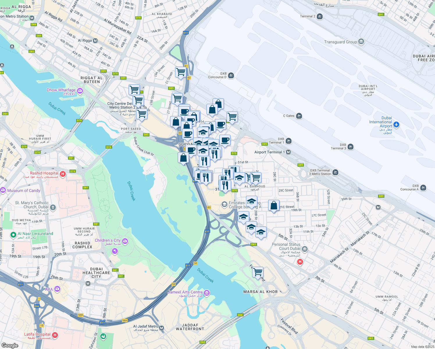 map of restaurants, bars, coffee shops, grocery stores, and more near 12 45 Street in Dubai