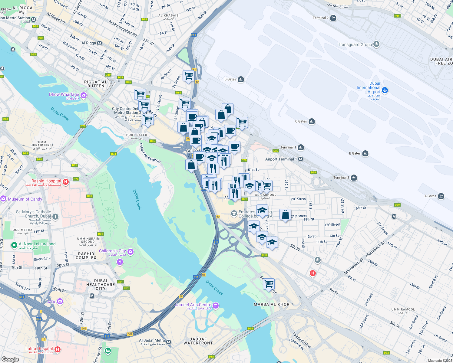 map of restaurants, bars, coffee shops, grocery stores, and more near 12 45 Street in Dubai