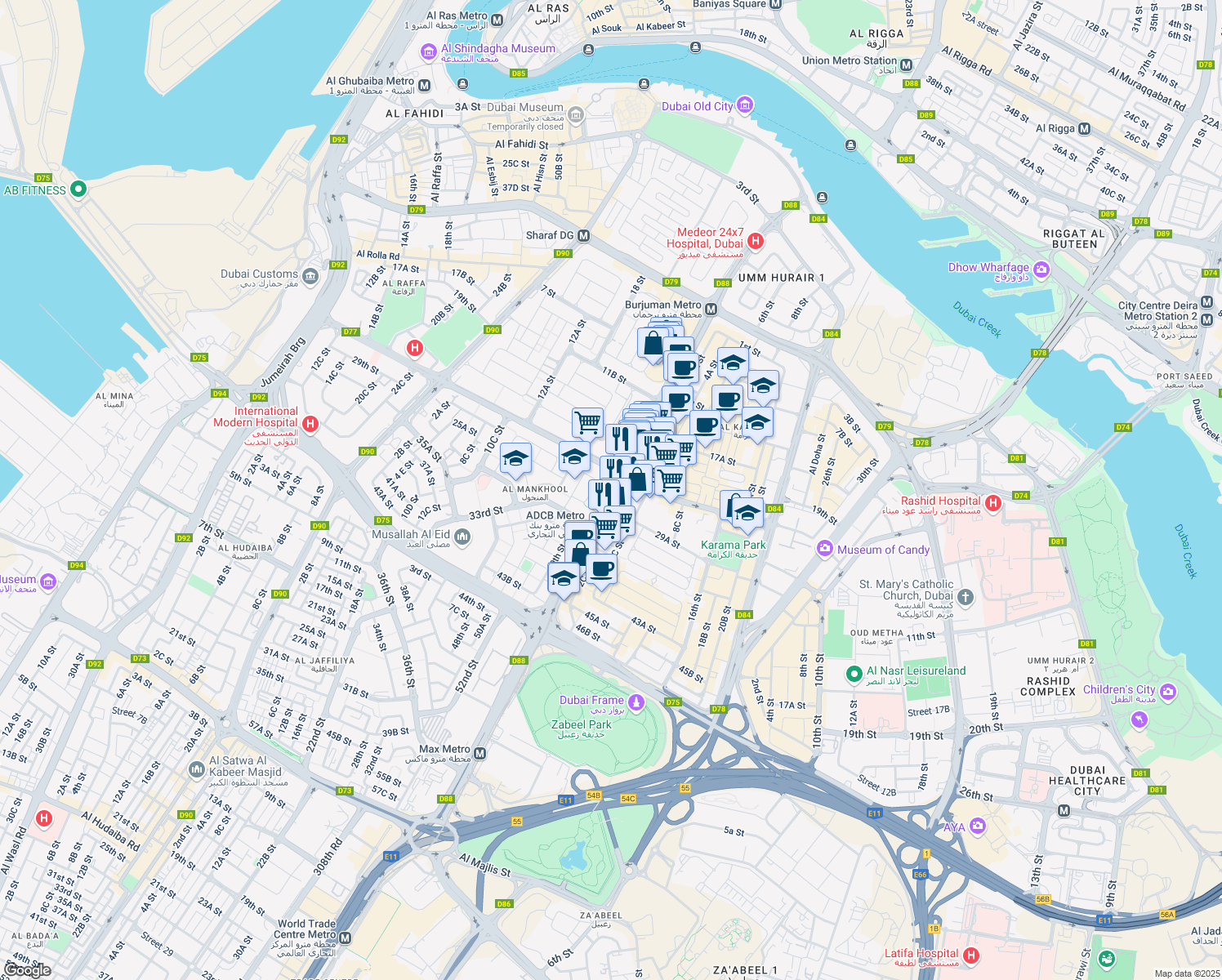 map of restaurants, bars, coffee shops, grocery stores, and more near Sheikh Khalifa Bin Zayed Street in Dubai