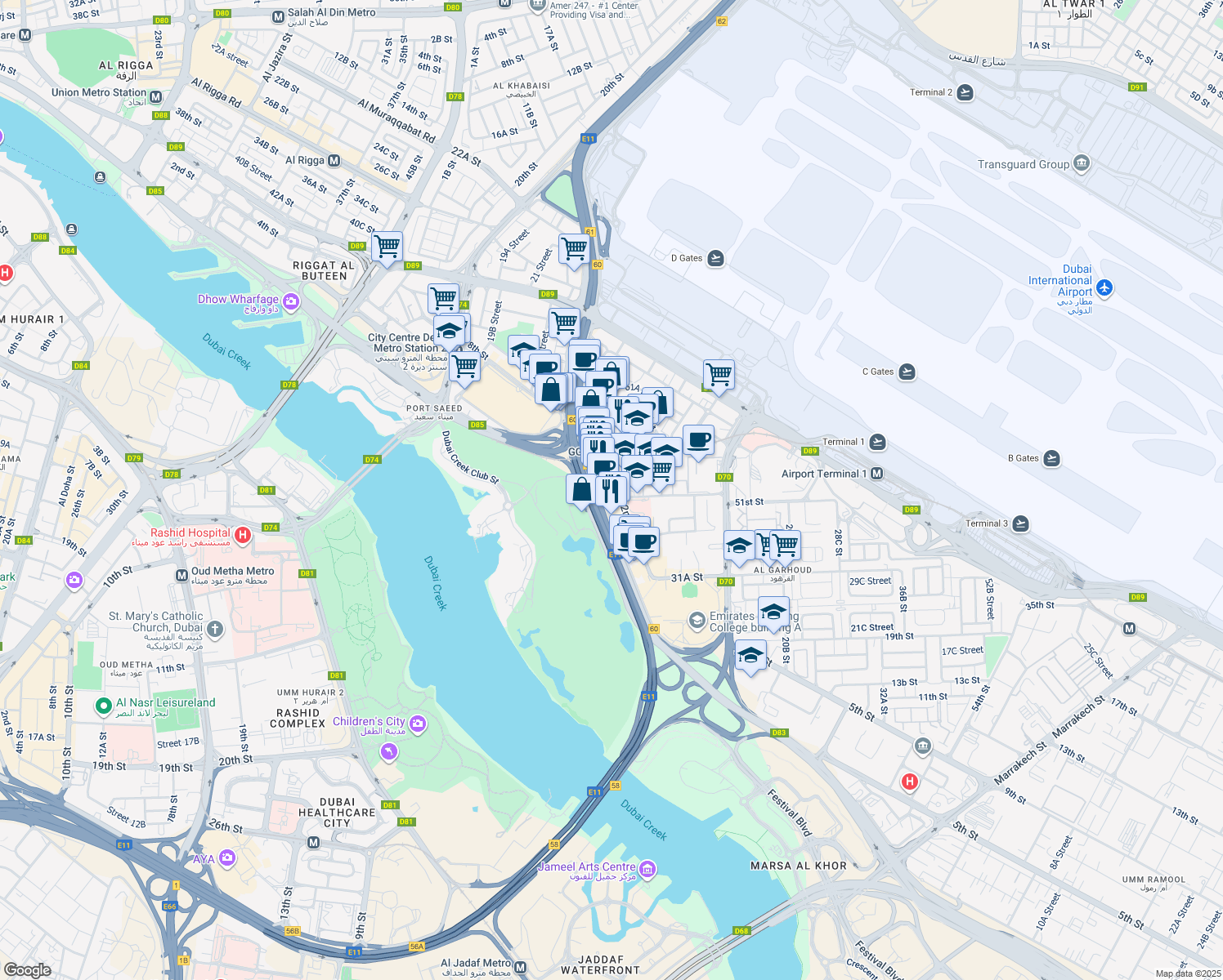 map of restaurants, bars, coffee shops, grocery stores, and more near 2nd Street in Dubai