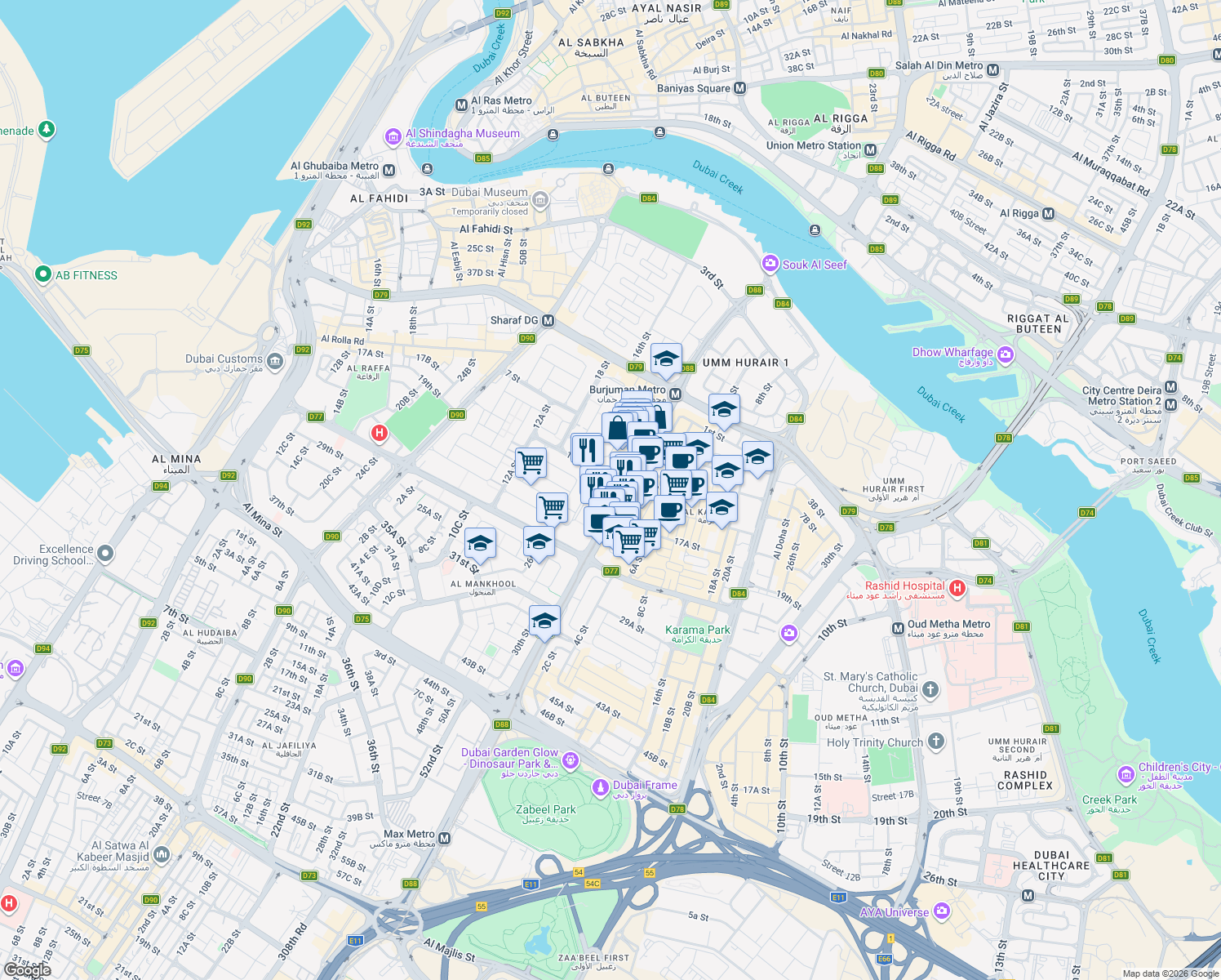 map of restaurants, bars, coffee shops, grocery stores, and more near 155 Khalid Bin Al Waleed Road in Dubai