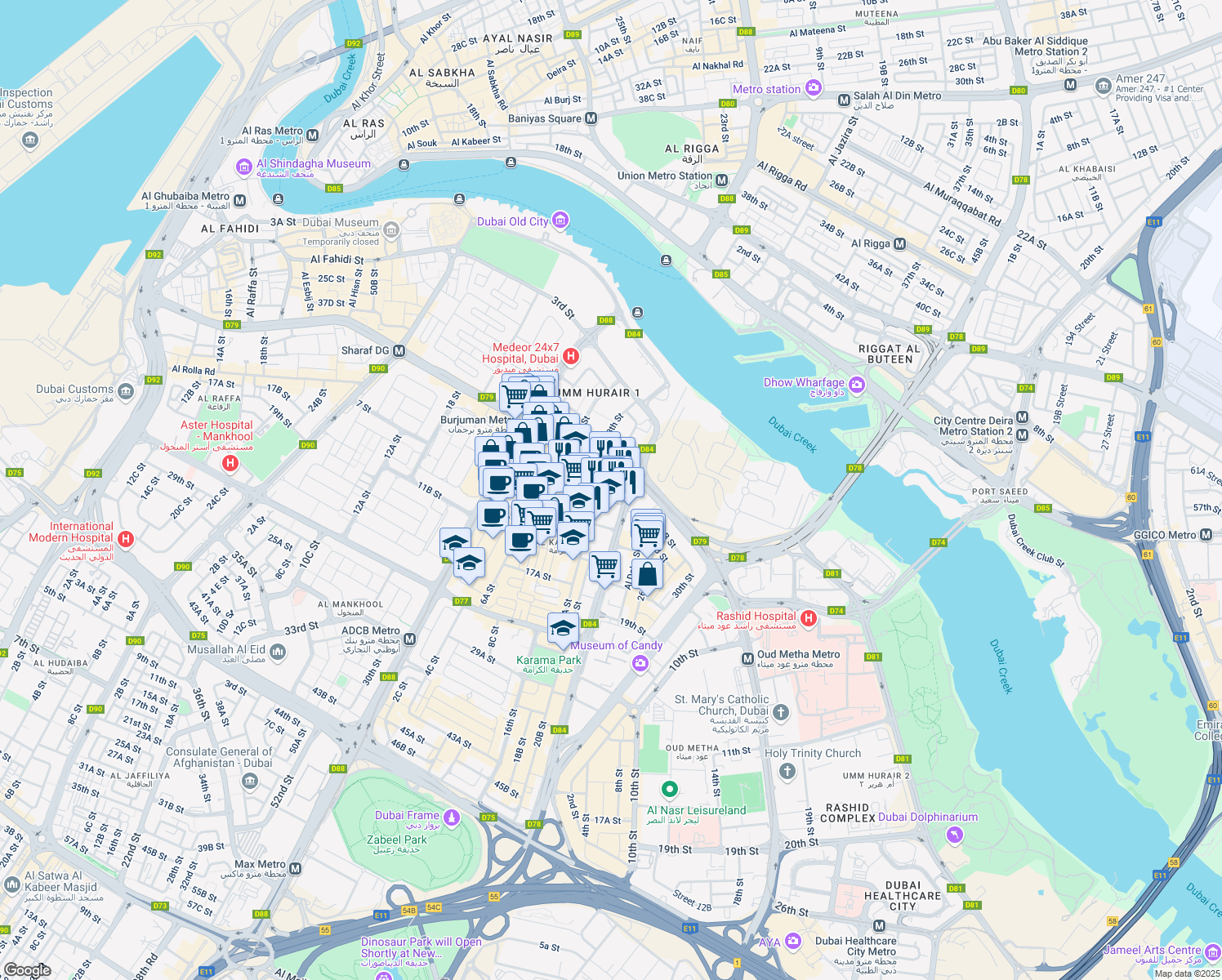 map of restaurants, bars, coffee shops, grocery stores, and more near Zabeel Road in Dubai